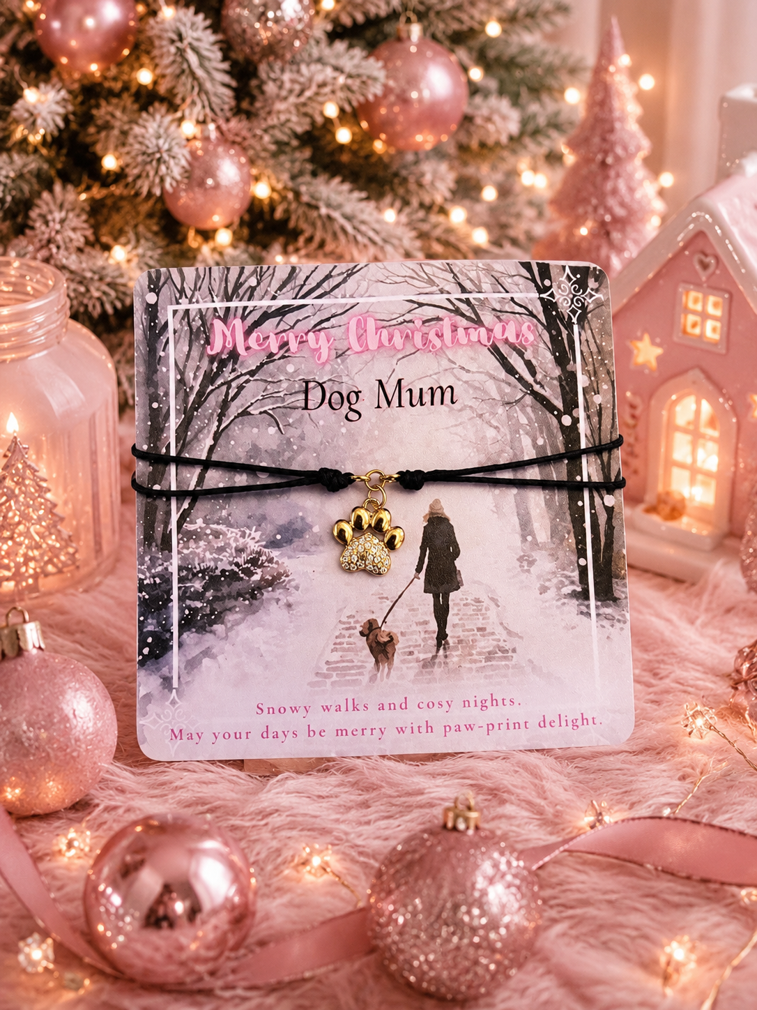 A Christmas-themed dog card wrapped with a black cord bracelet and a small gold paw print charm, displayed on a pink textured surface with a decorated Christmas tree, ornaments, and a glowing house in the background.