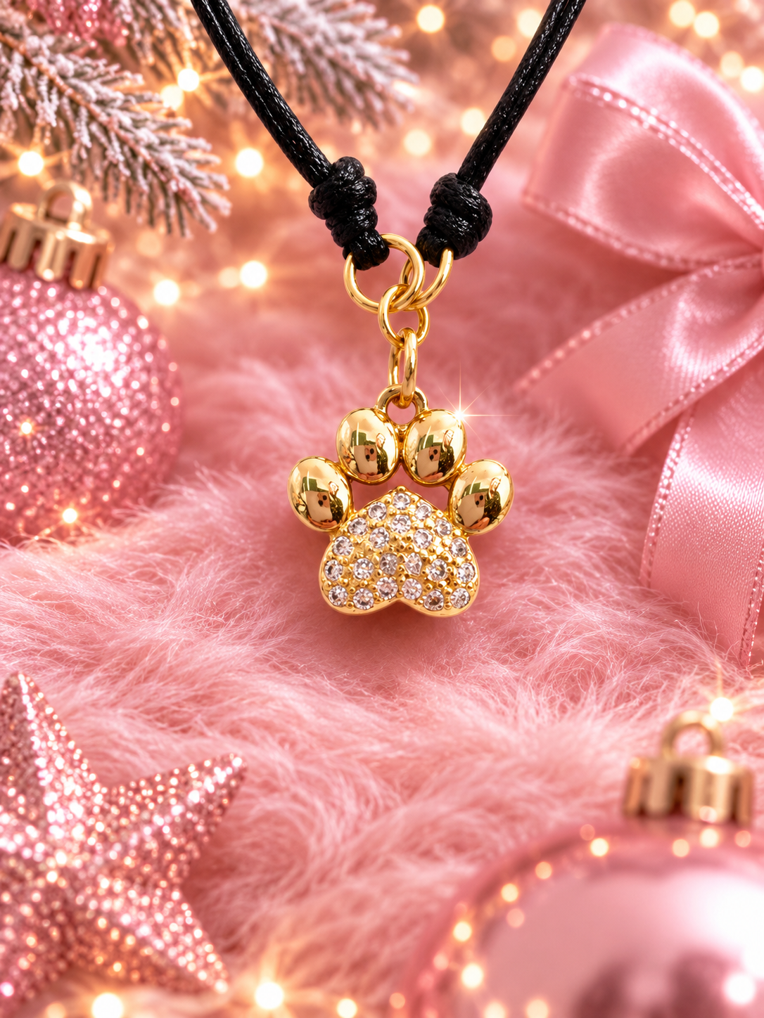 A gold paw-shaped charm bracelet with a heart-shaped center paved with clear rhinestones, hanging from a black cord. The charm is displayed on a pink faux fur surface decorated with pink Christmas ornaments, a pink ribbon, and warm string lights.