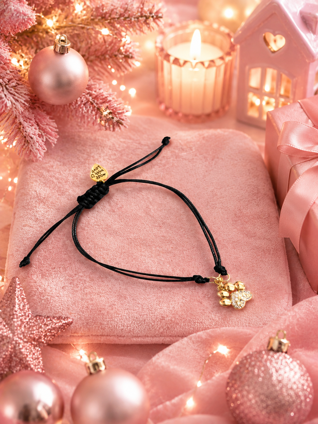 A black cord bracelet with a gold paw print charm and a small gold bead, displayed on a pink velvet cushion surrounded by festive pink holiday decorations, ornaments, and a lit candle.