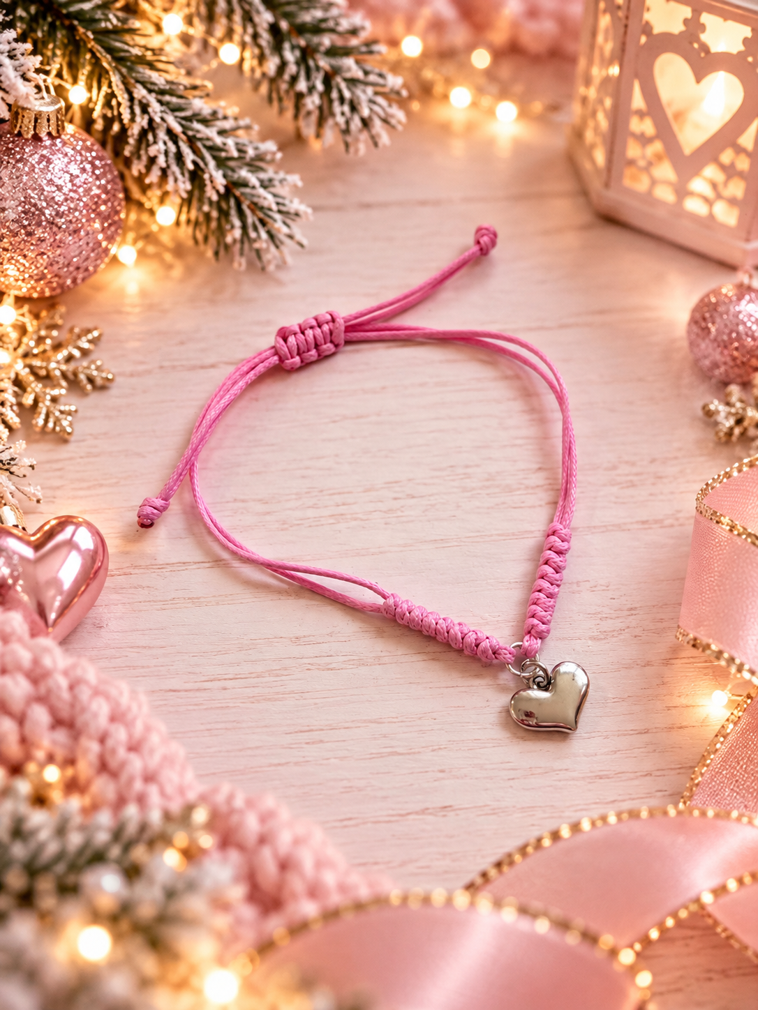 A pink cord bracelet with a small silver heart charm, styled on a light wooden surface with festive Christmas decorations including pine branches, glitter ornaments, and warm fairy lights.