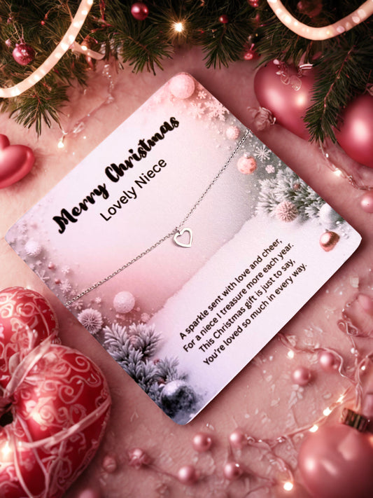 Silver heart bracelet on a Christmas card with lovely niece and decorative elements on a festive background