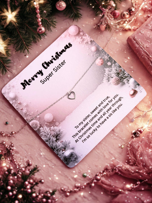 Silver heart bracelet on a Christmas card for a super sister with decorative elements on a festive background
