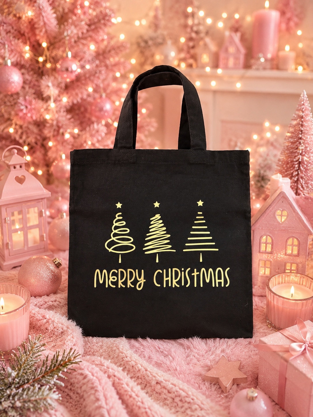A black canvas tote bag with gold 'Merry Christmas' text and three Christmas tree graphics, displayed in a cozy pink holiday setting with candles, lights, and gift boxes.