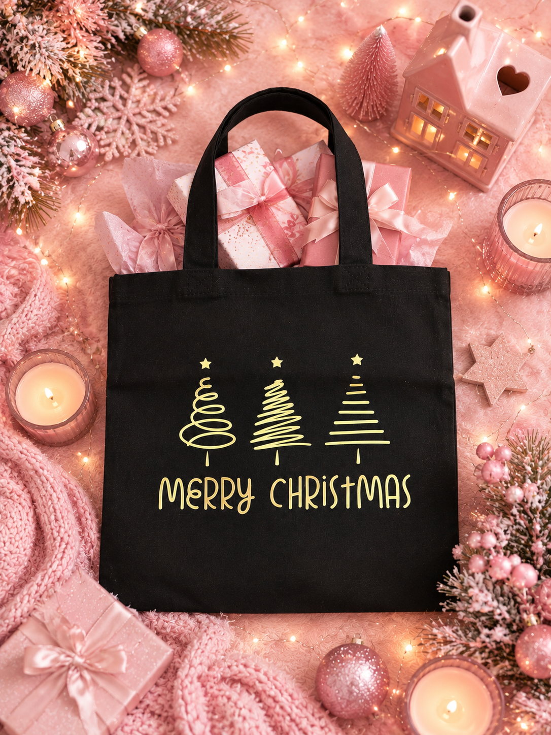 A black canvas tote bag with gold 'Merry Christmas' text and three Christmas tree graphics, styled in a festive flat lay with pink holiday decorations, wrapped gifts, candles, and a small house ornament.