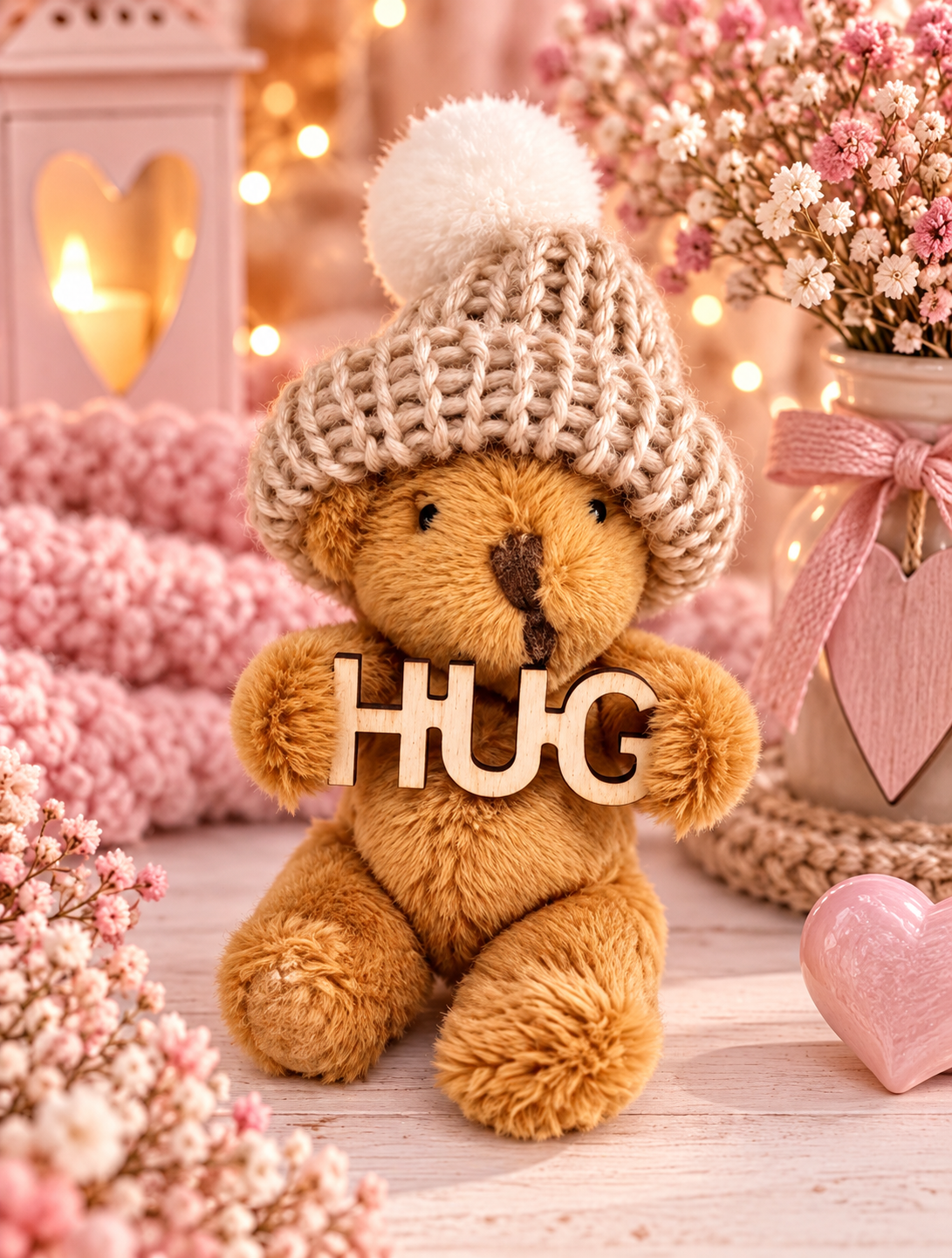 A plush teddy bear wearing a beige knit hat with a white pom-pom sits centered and holds wooden letters spelling HUG. The scene is styled with pink dried flowers, a pink lantern, a pink knit blanket, and warm string lights in the background.