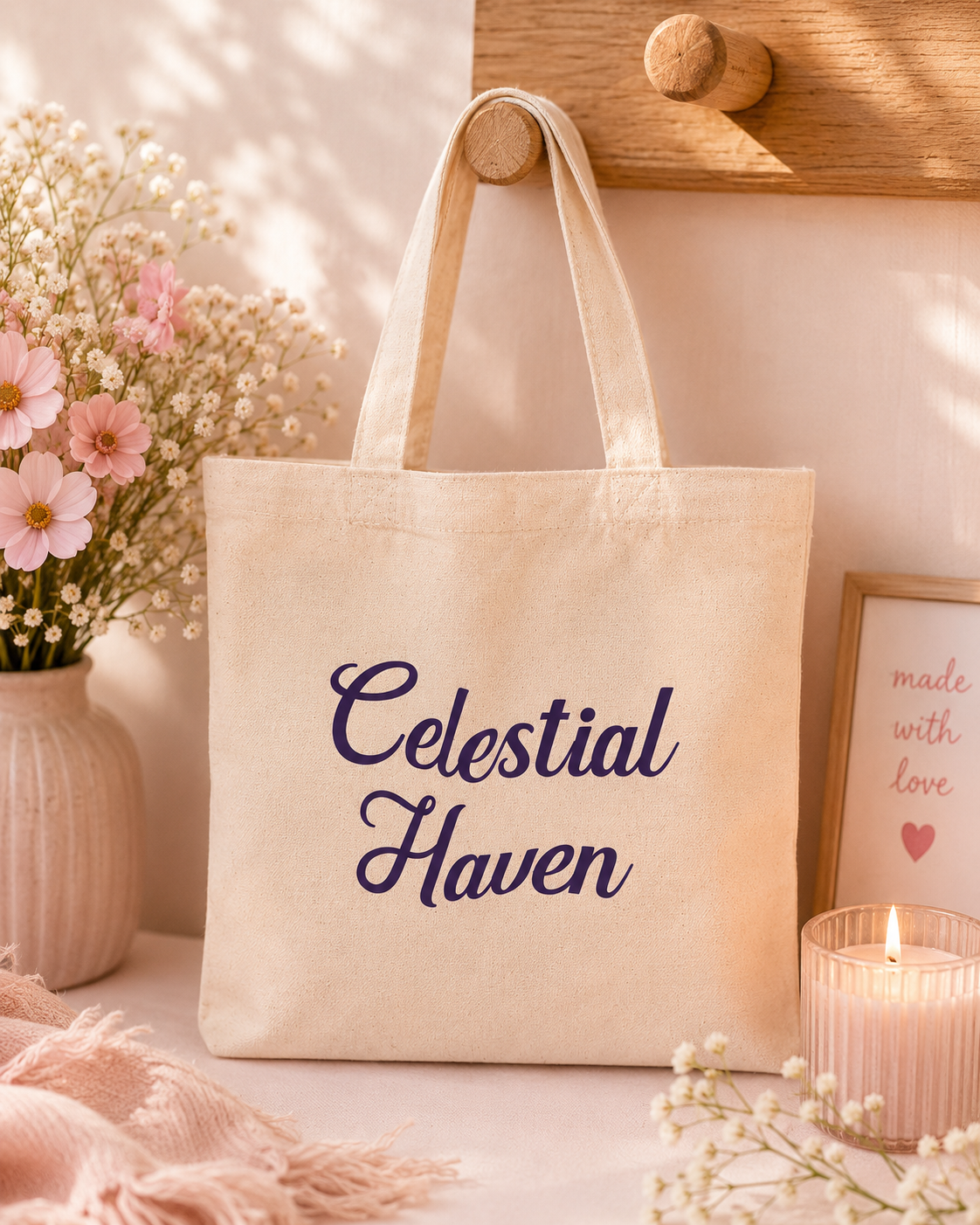 Beige tote bag with 'Celestial Haven' text on a soft pink background with flowers and a candle.