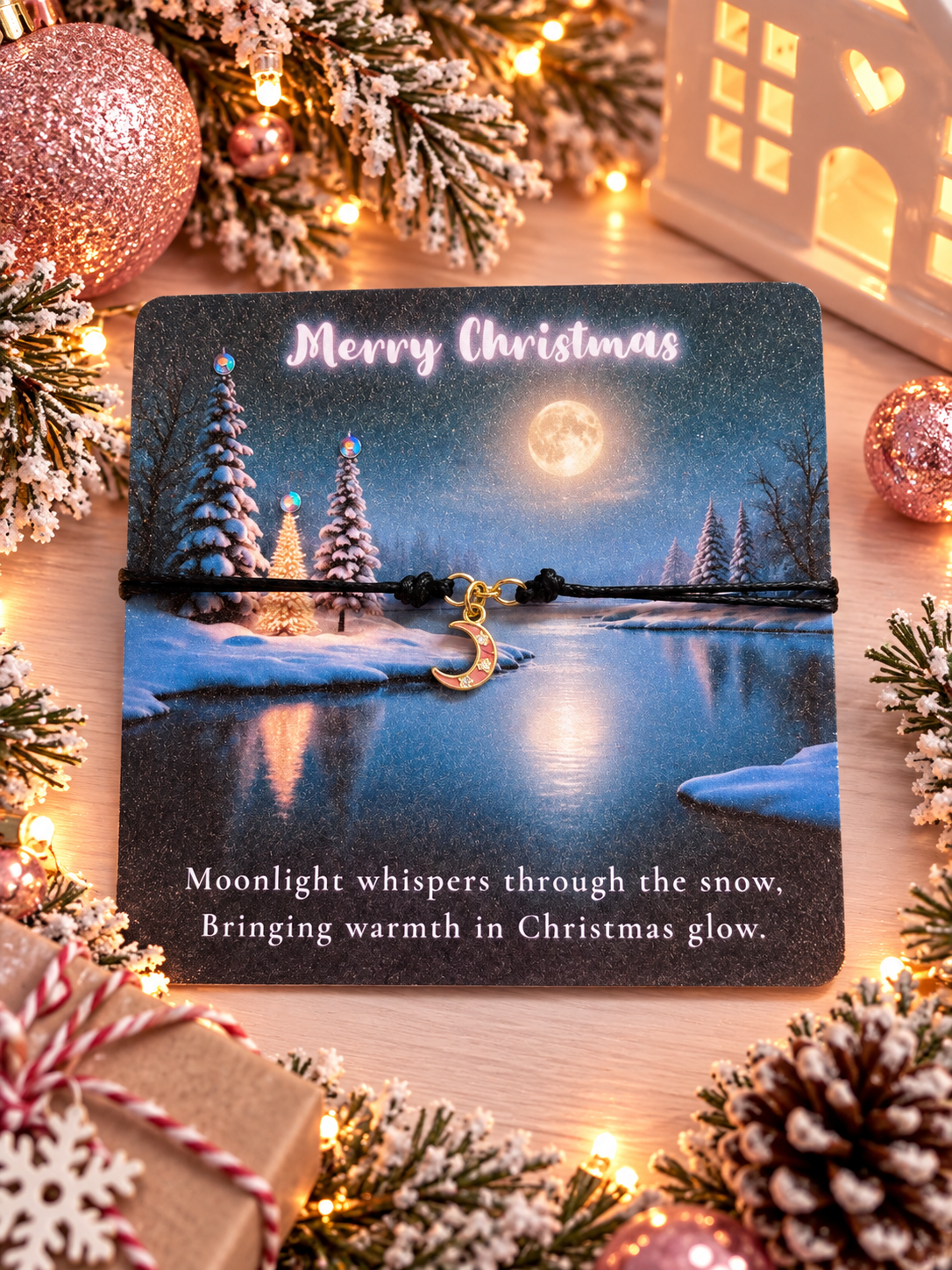 A Christmas-themed black cord bracelet with a gold crescent moon charm, presented on a printed card with a winter landscape design and holiday text. The card is styled on a wooden surface with festive decorations including pine branches, lights, ornaments, and a white house lantern.