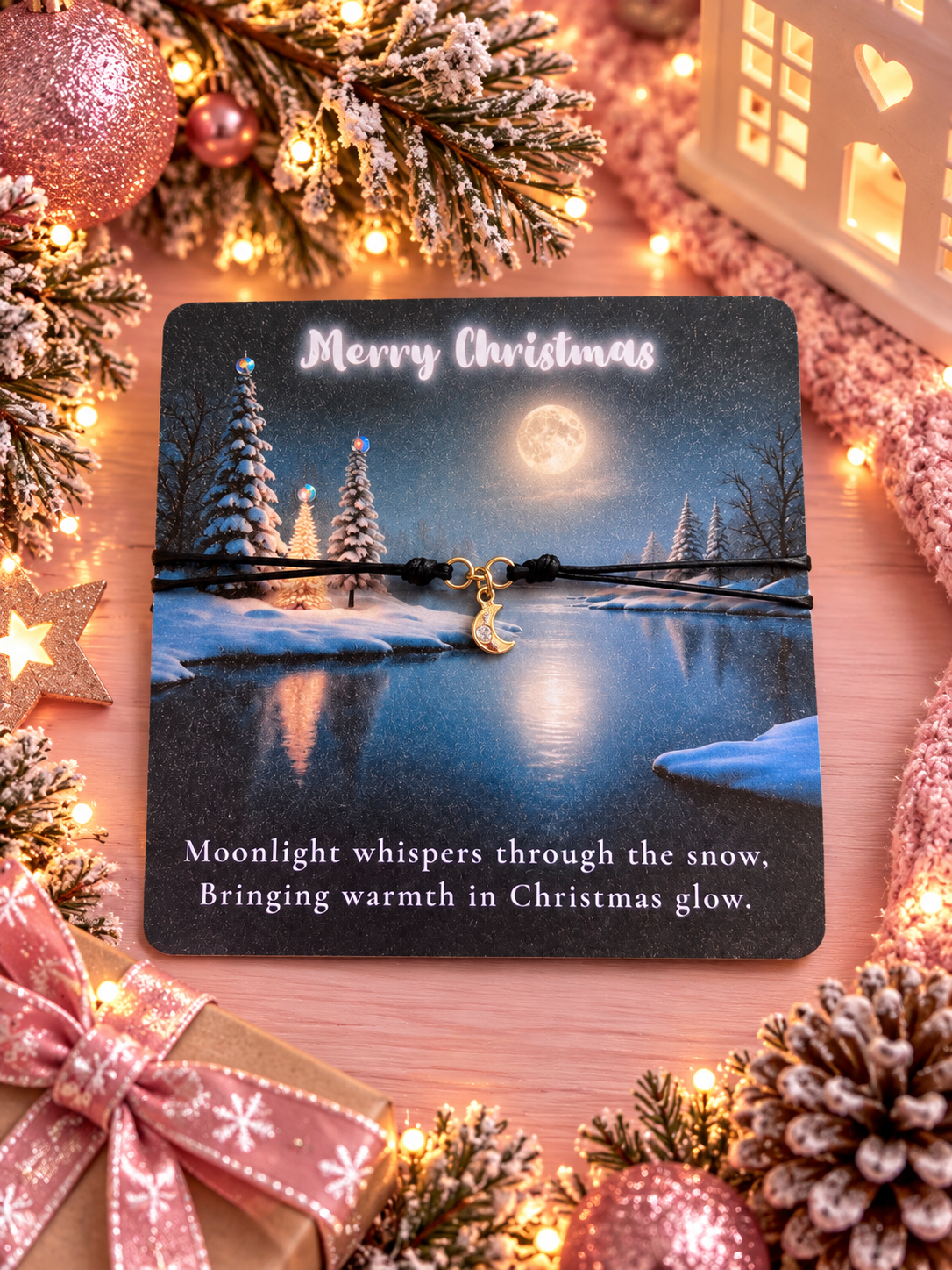A Christmas-themed cord bracelet with a small gold moon charm, presented on a dark card with a winter landscape illustration and the text 'Merry Christmas' and a quote. The card is styled in a cozy holiday setting with warm lights, pinecones, and a gift box.