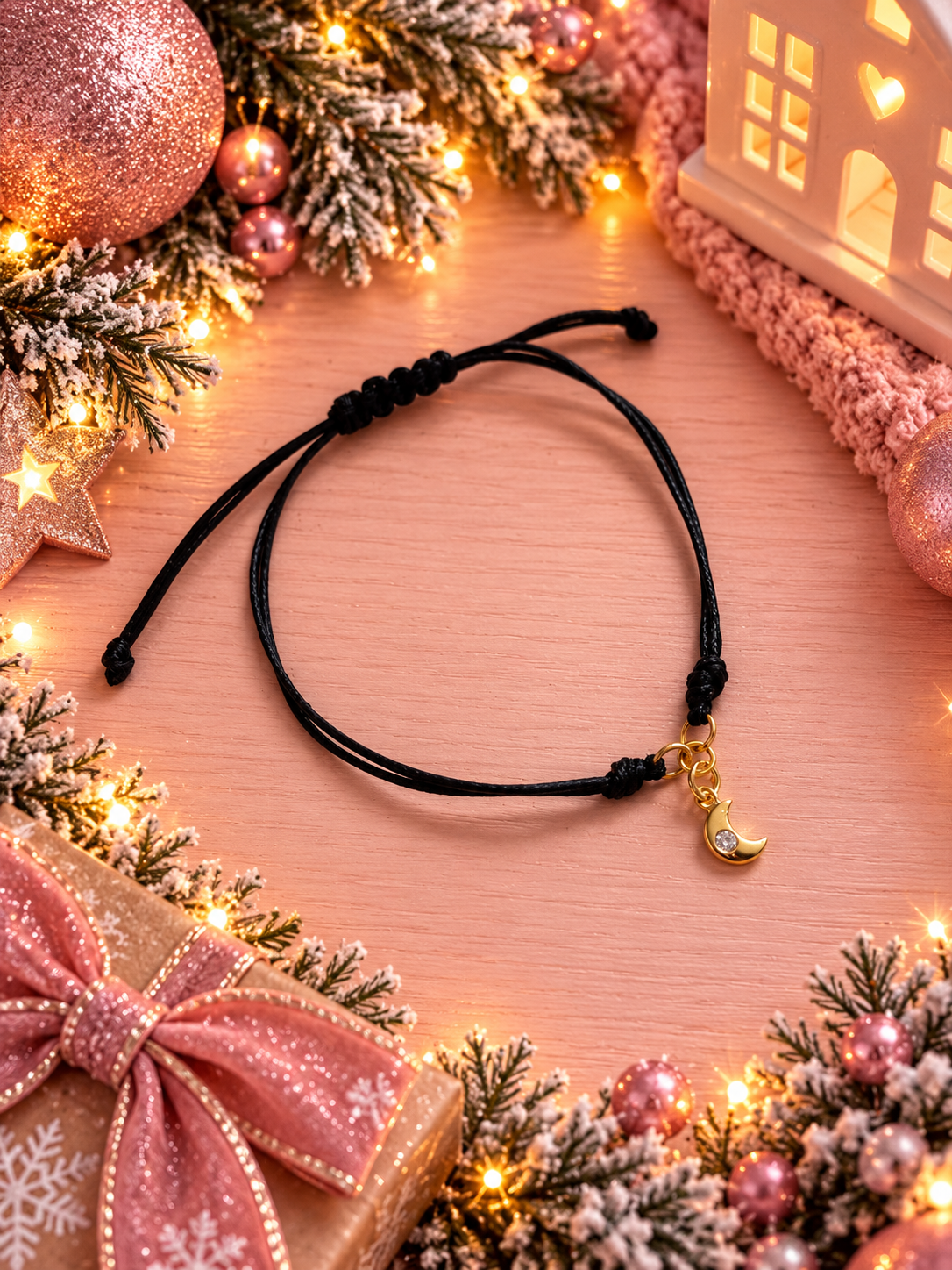 A black adjustable cord bracelet with a small gold crescent moon charm, displayed on a pink wooden surface surrounded by festive Christmas decorations including lights, pine branches, ornaments, and a gift box.