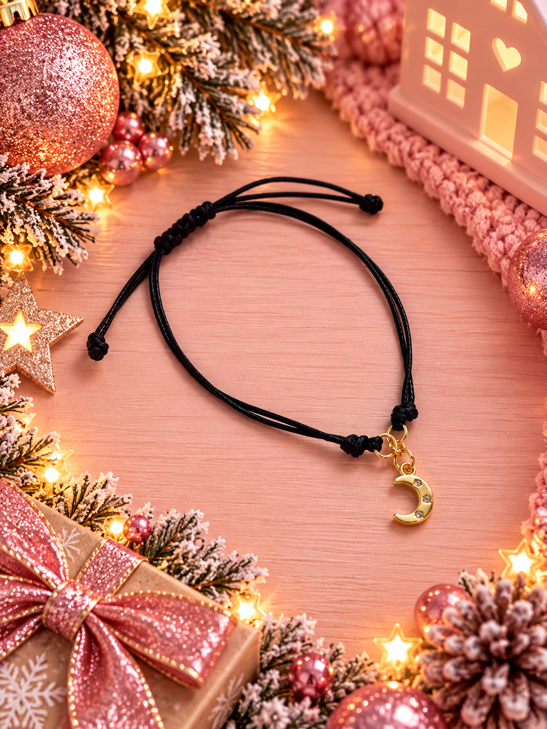 A black adjustable cord bracelet with a small gold crescent moon charm, styled on a pink wooden surface with festive Christmas decorations including lights, ornaments, pinecones, and a gift box.
