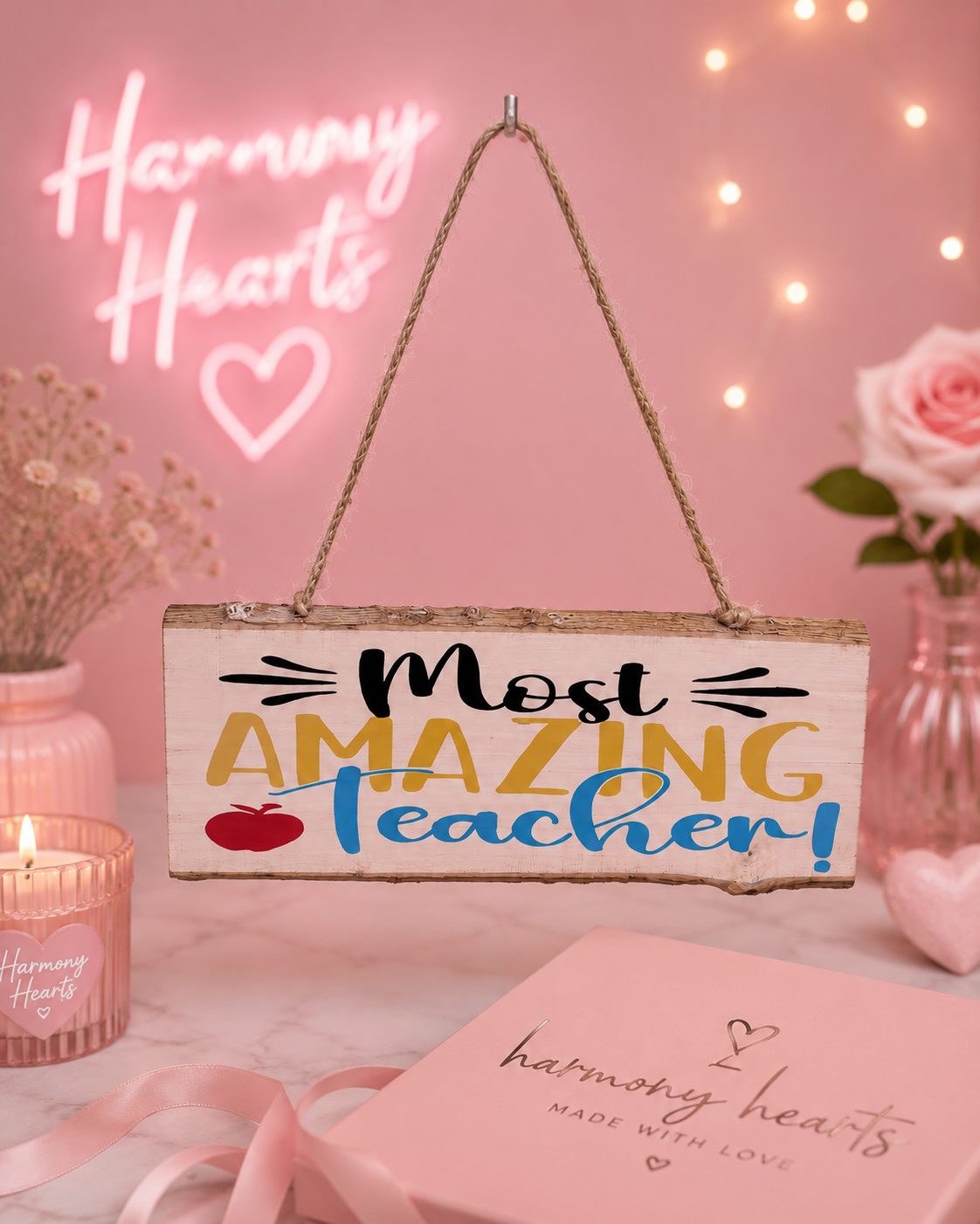 Decorative sign with 'Most Amazing Teacher!' text on a pink background with neon lights and flowers.