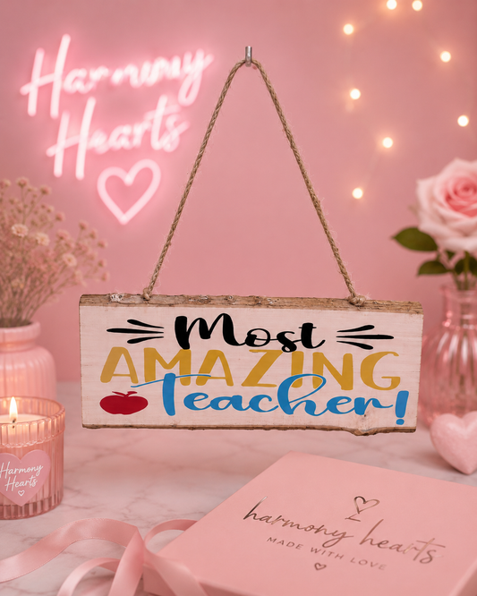 Decorative sign with 'Most Amazing Teacher!' text on a pink background with neon lights and flowers.