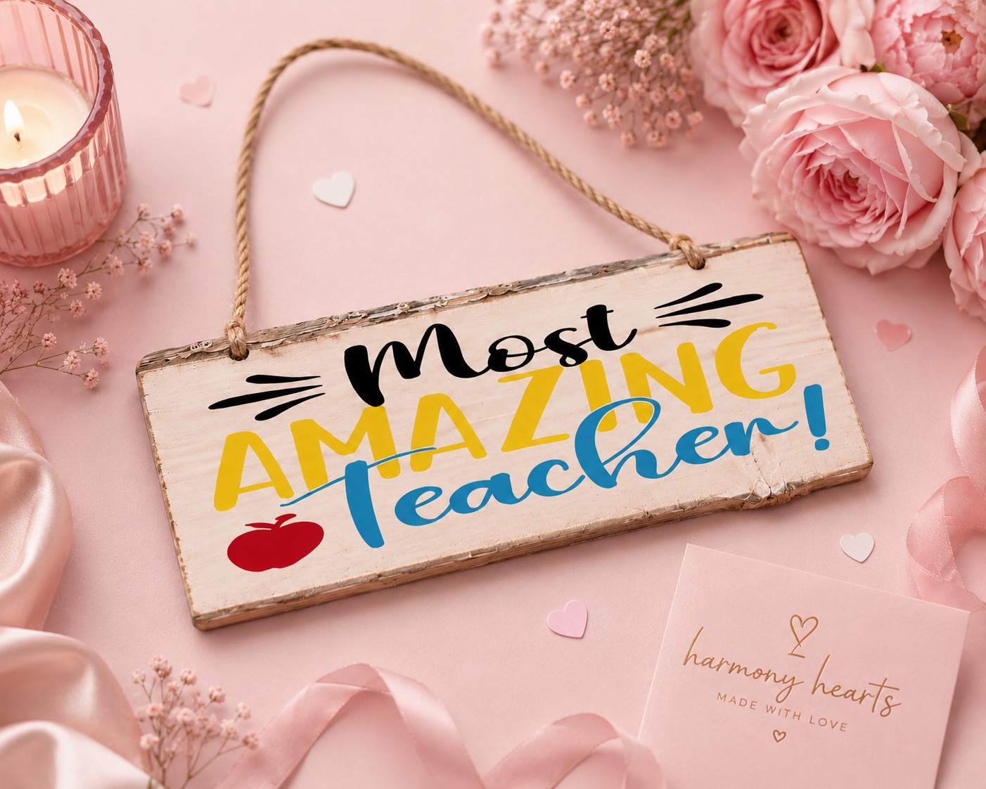 Decorative sign with 'Most Amazing Teacher!' on a pink background with flowers and a candle.