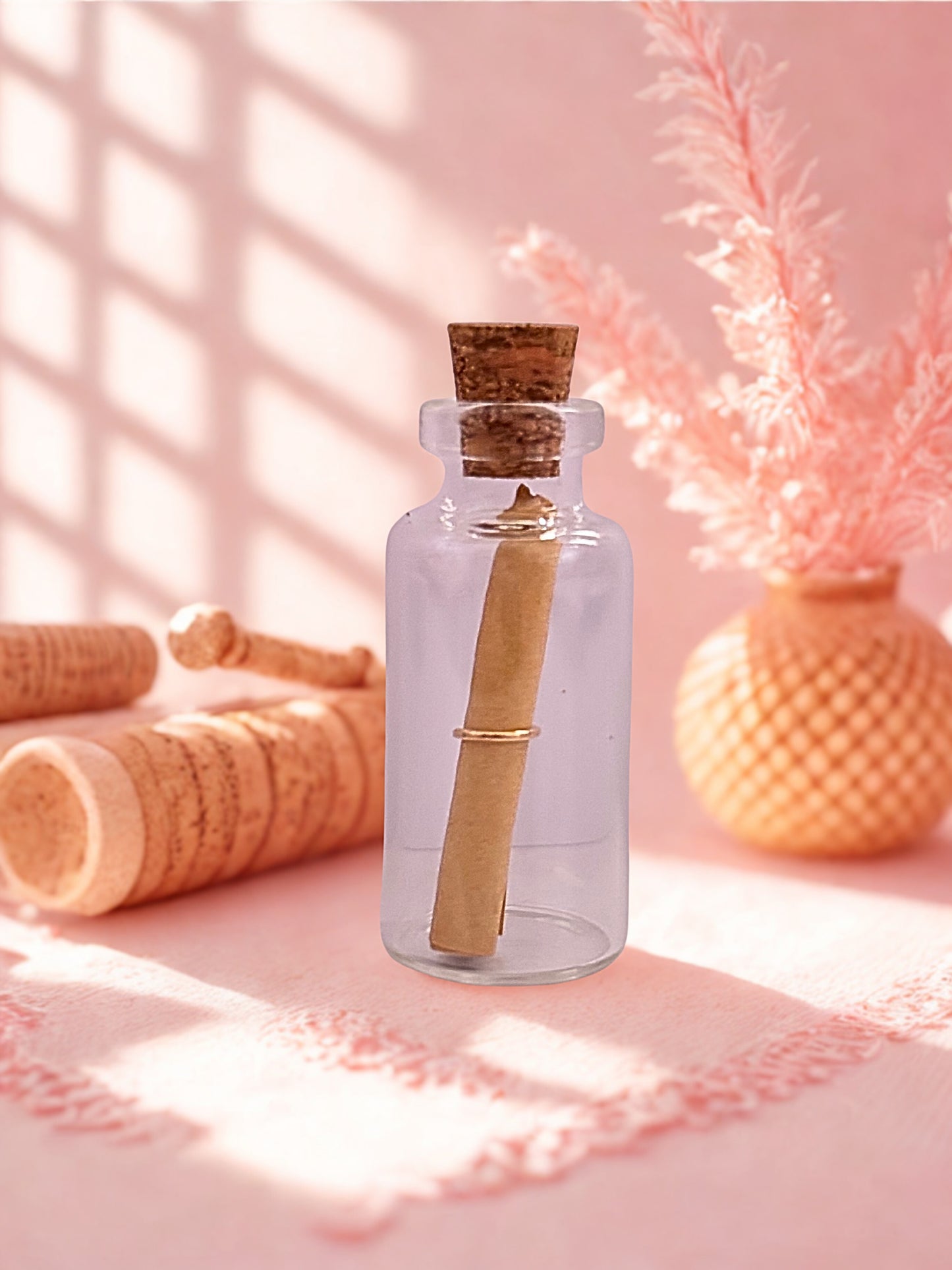 Clear glass bottle with cork lid and a scroll on a pink surface with decorative elements
