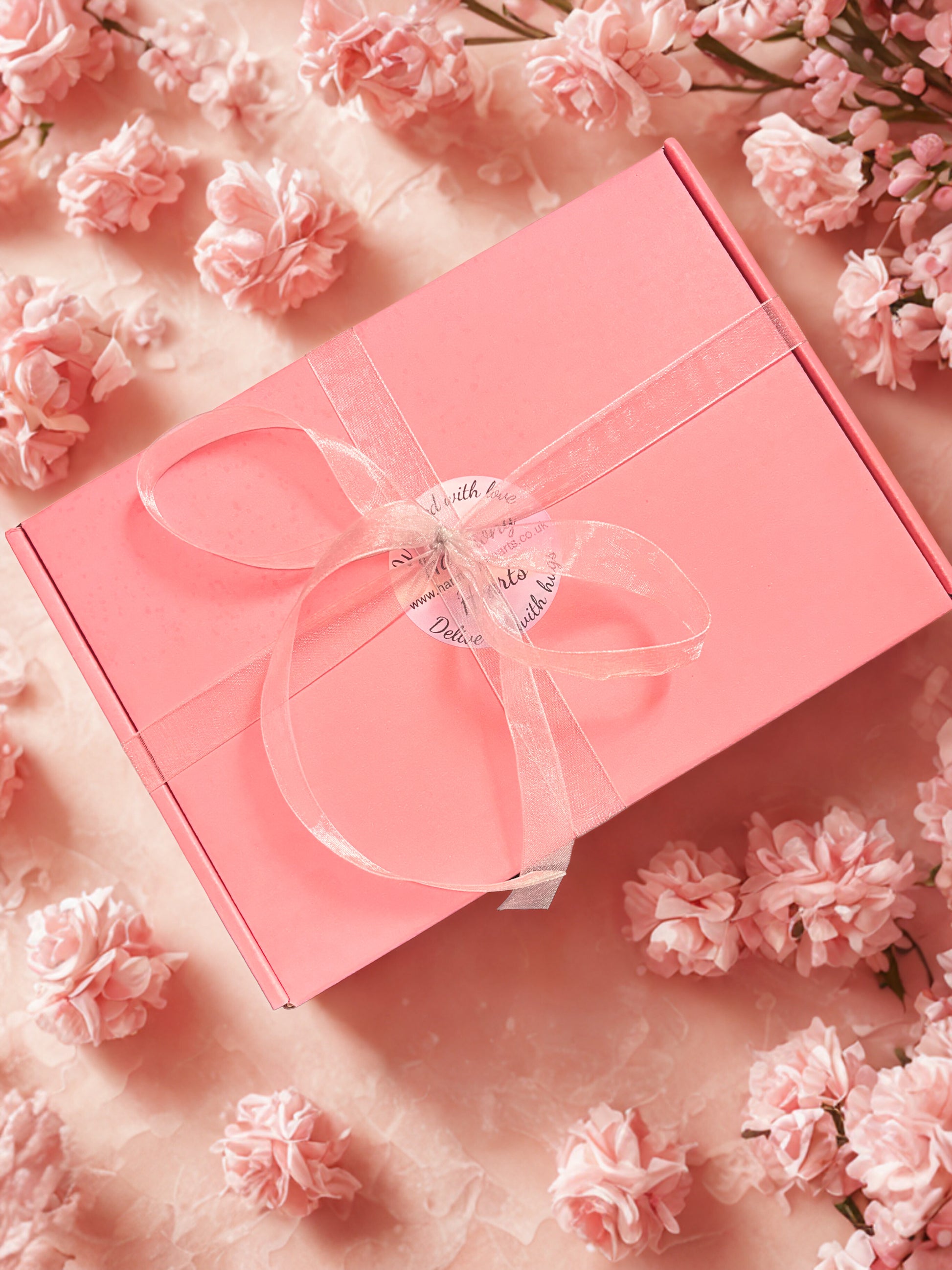 Pink gift box with a bow on a bed of pink flowers