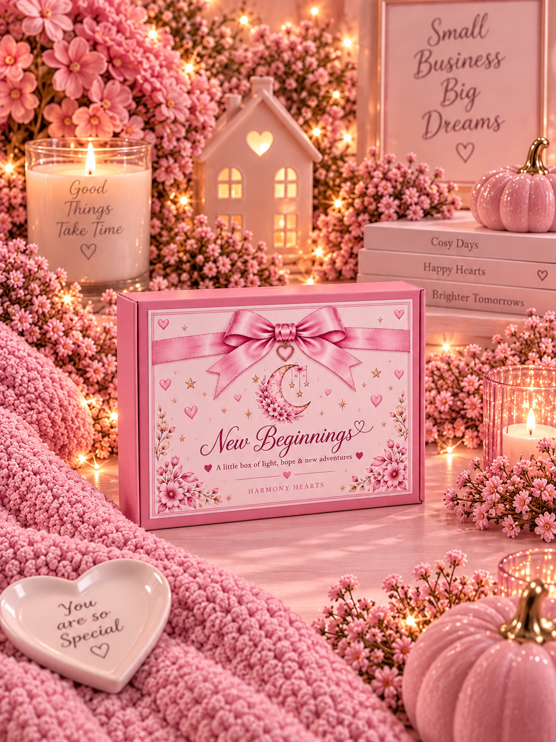 A pink gift box labeled 'New Beginnings' by Harmony Hearts, styled in a cozy pink-themed setting with candles, flowers, books, and warm string lights.