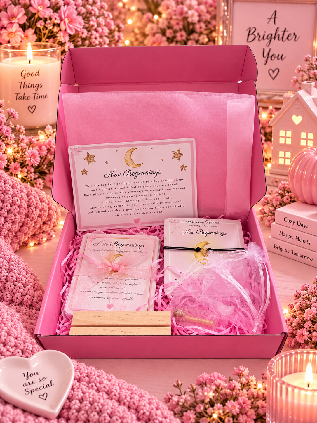 A pink New Beginning gift box set displayed on a table surrounded by pink flowers and candles. The open pink box contains pink cards, a bracelet, a wooden block, and a pink ribbon.