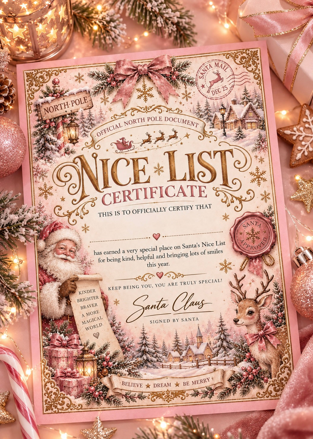 A decorative pink and gold Christmas 'Nice List Certificate' styled in a cozy holiday flat-lay with warm fairy lights, ribbons, ornaments, candy canes, and a plush Santa figure.