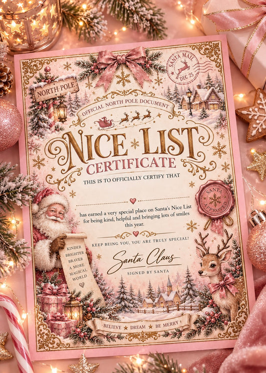 A decorative pink and gold Christmas 'Nice List Certificate' styled in a cozy holiday flat-lay with warm fairy lights, ribbons, ornaments, candy canes, and a plush Santa figure.