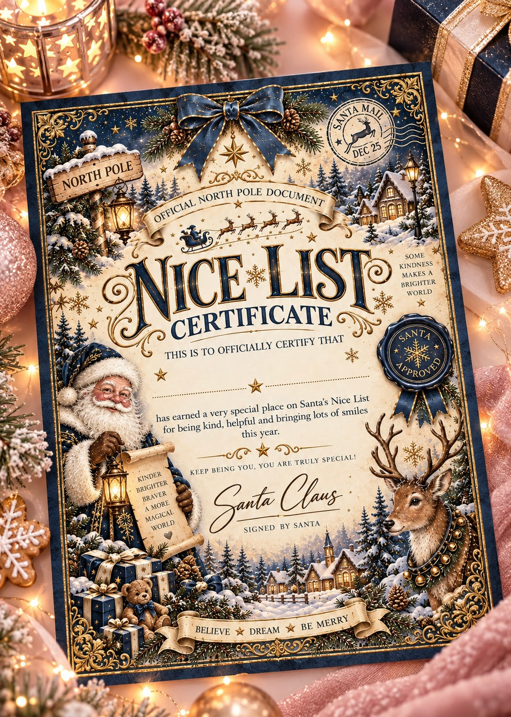 A festive Christmas-themed 'Nice List Certificate' styled in a cozy holiday setting with warm fairy lights, wrapped gifts, and soft pink fabric. The certificate features an ornate vintage design with illustrations of Santa Claus, reindeer, snow-covered cottages, and a northern lights scene.