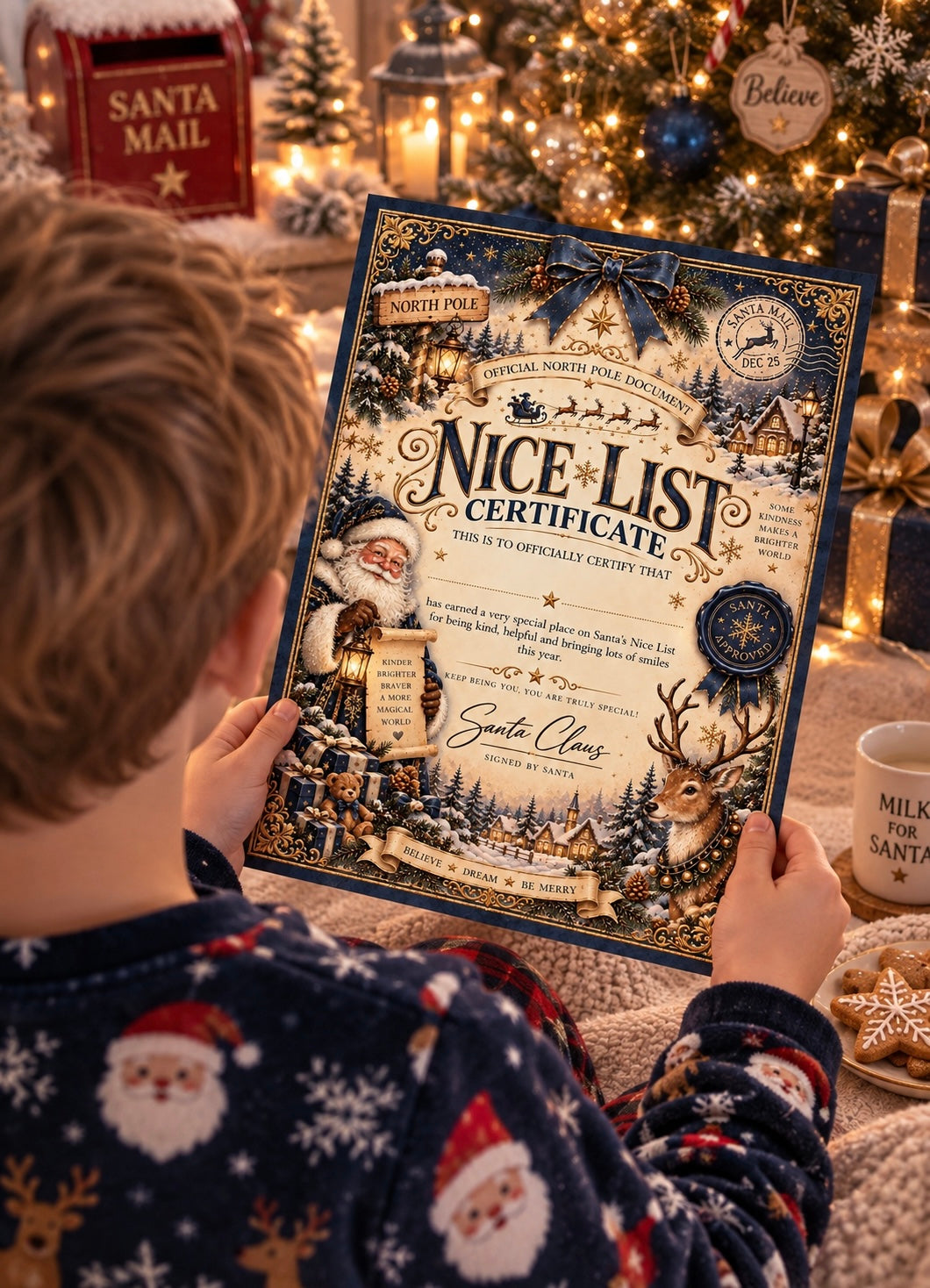 A child in Santa-themed pjamas holds a large decorative 'Nice-List Certificate' featuring Santa Claus, reindeer, snowflakes, and festive holiday illustrations, set against a cozy Christmas tree and holiday decor background.