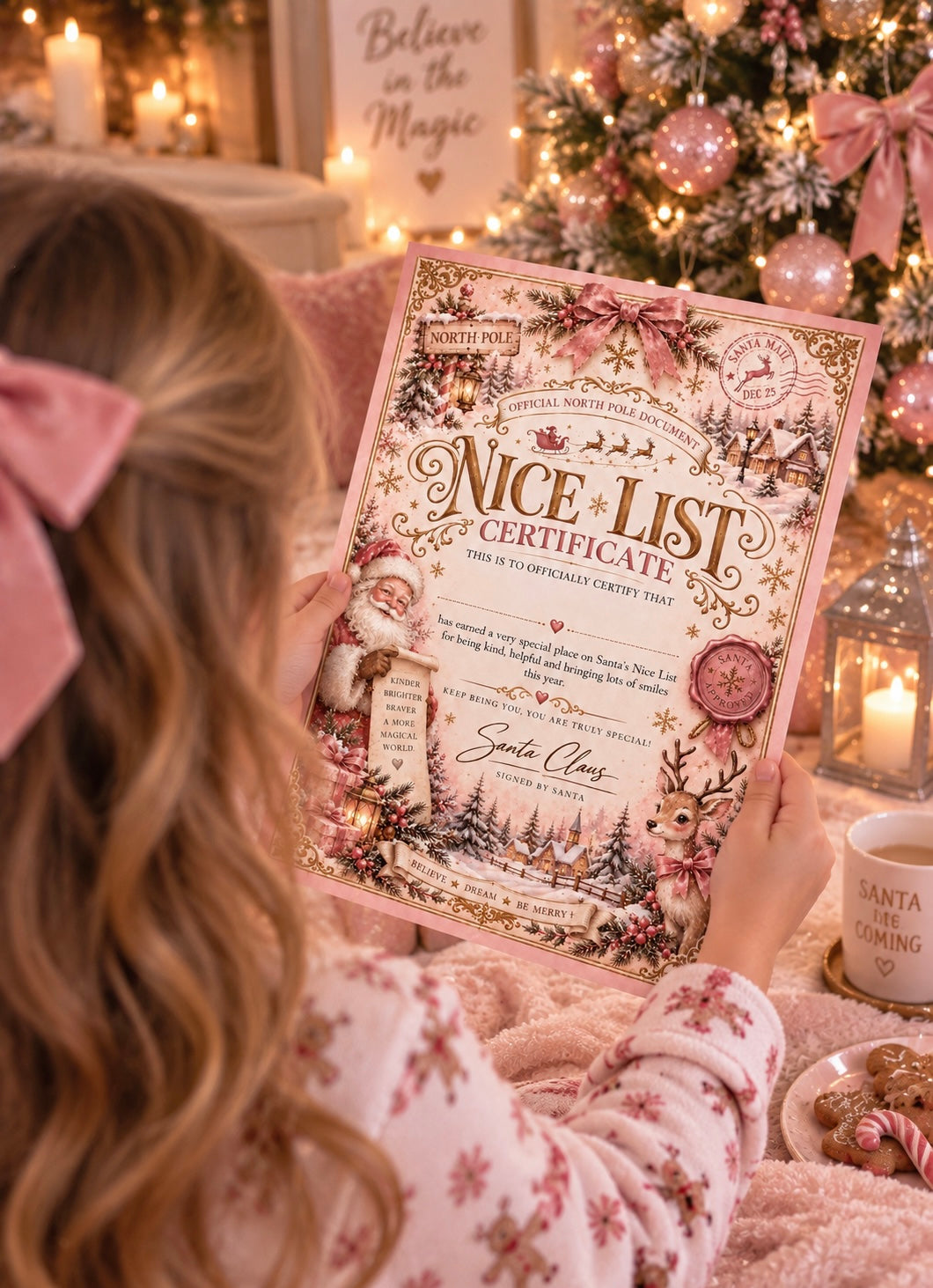 A child in pink pjamas holds a decorative Christmas 'Nice List' certificate in a cozy holiday room with a lit Christmas tree and candles in the background.