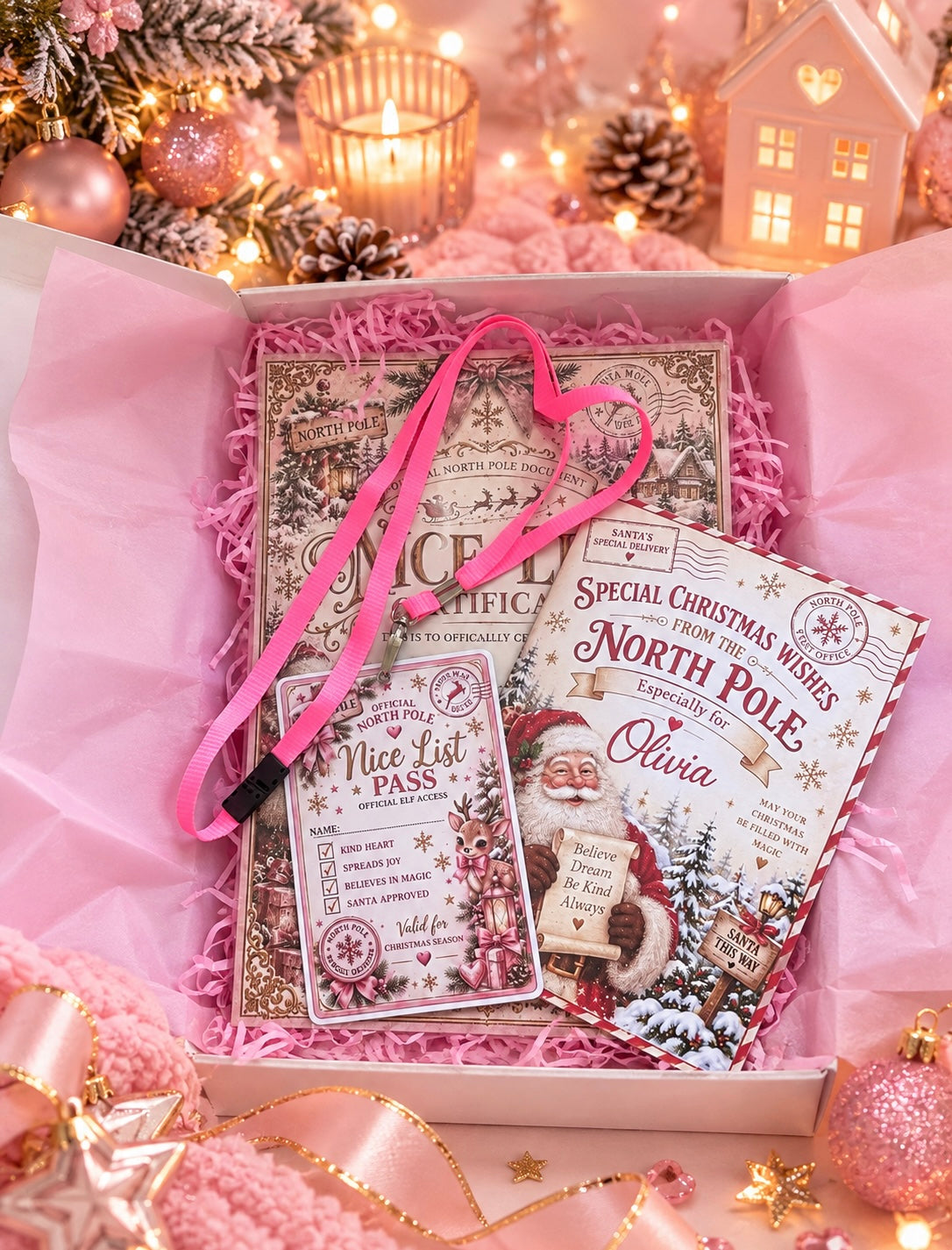 Personalised Nice List Christmas Set. Certificate, Pass and personalised Christmas card in a box with pink tissue and shred