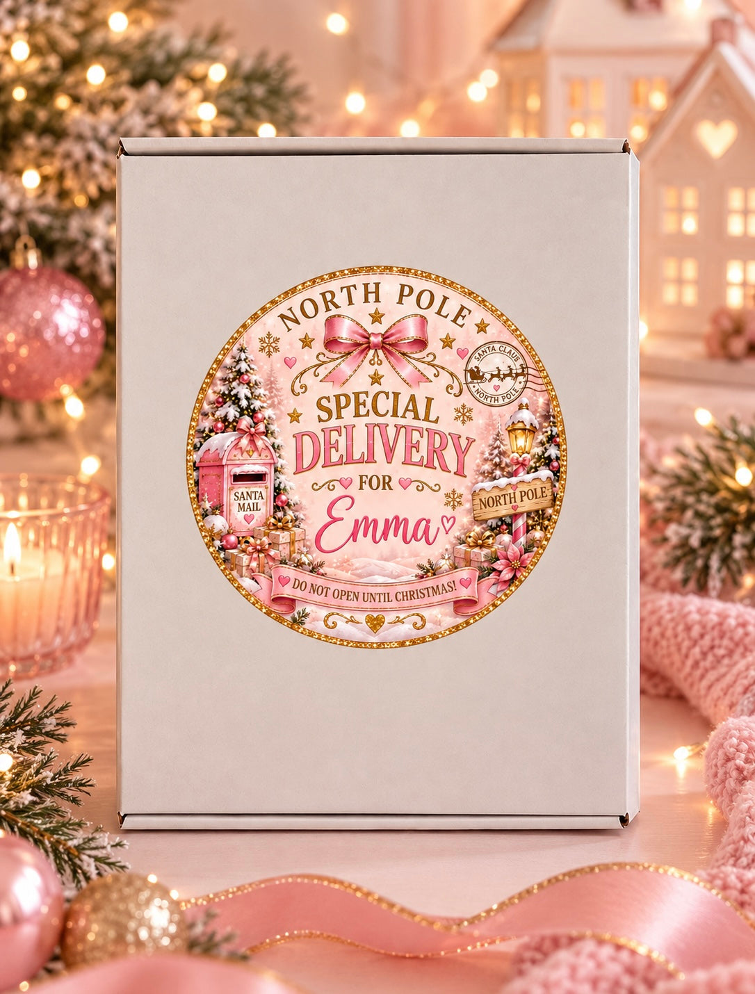 A white rectangular gift box with a large round Christmas-themed label reading 'North Pole Special Delivery for Emma,' styled on a festive holiday surface with lights, ornaments, ribbon, and a warm blurred house in the background.