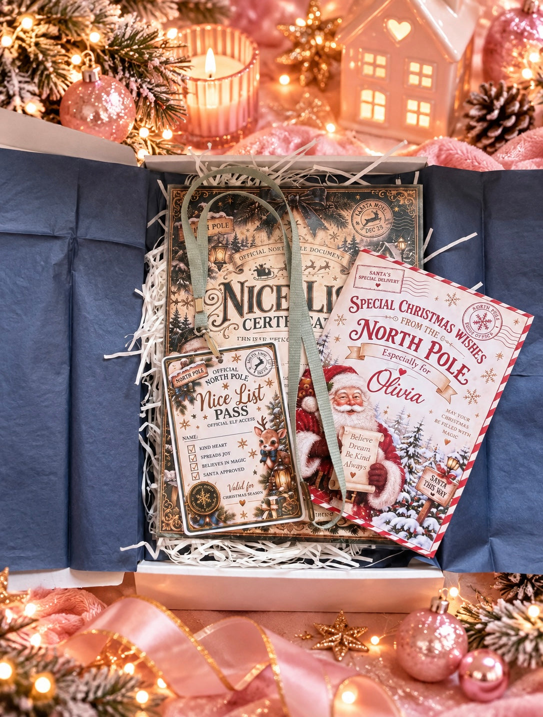 Personalised Christmas set in a box with tissue. Contains Nice List Certificate, nice list pass and personalised Christmas card