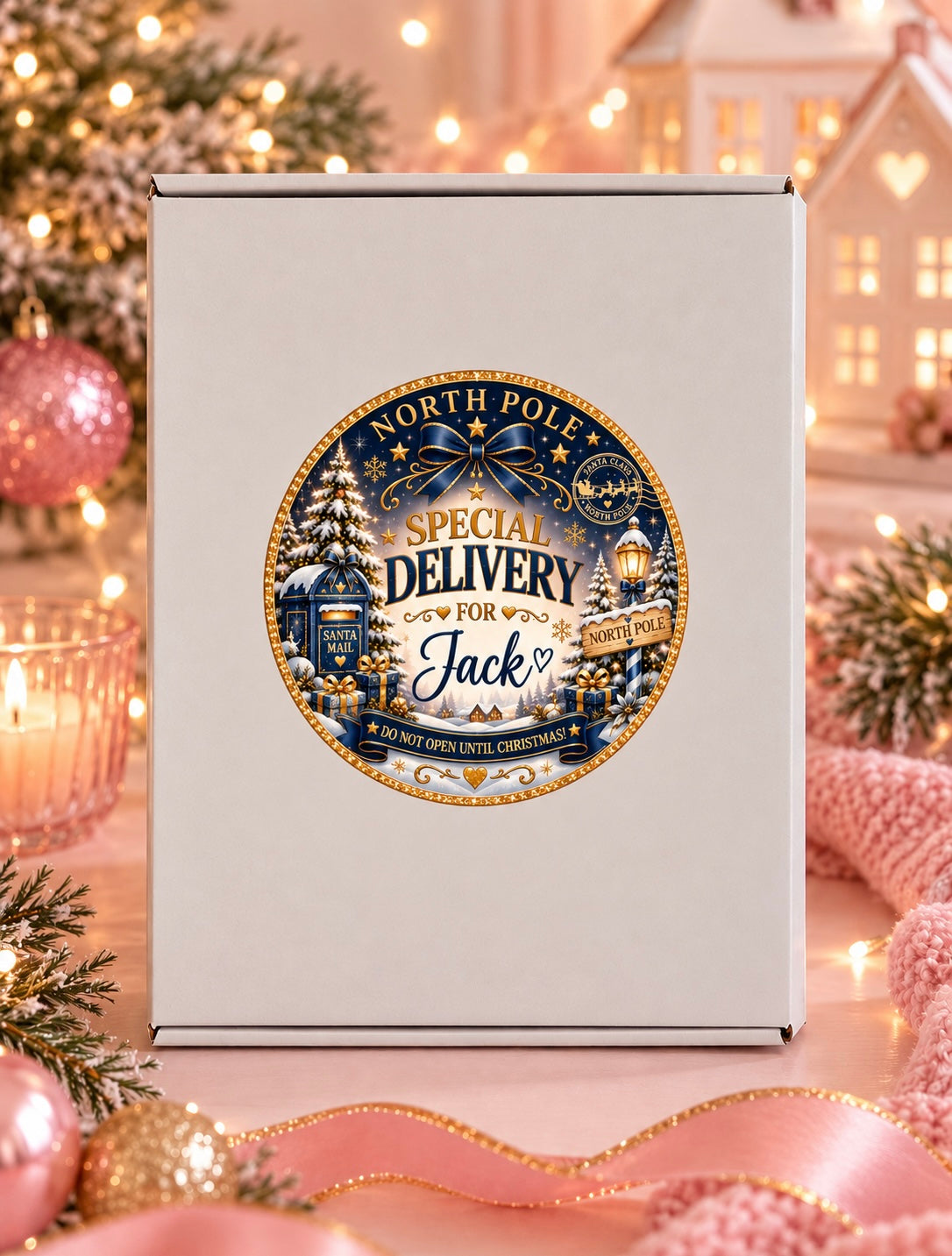 White box with personalised North Pole label on a Christmas background 