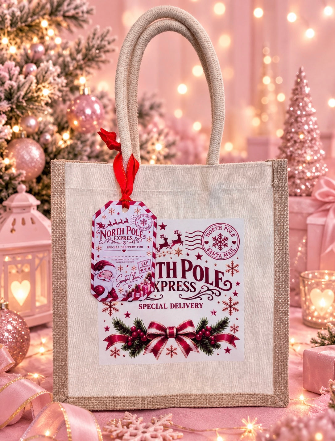 A canvas tote bag with a natural jute border and double straps, decorated with a festive 'North Pole Express' holiday print featuring red ribbons, pine branches, snowflakes, and postage-style stamps. The bag is styled in a warm, pink holiday setting with a Christmas tree, lanterns, and wrapped gifts in the background.