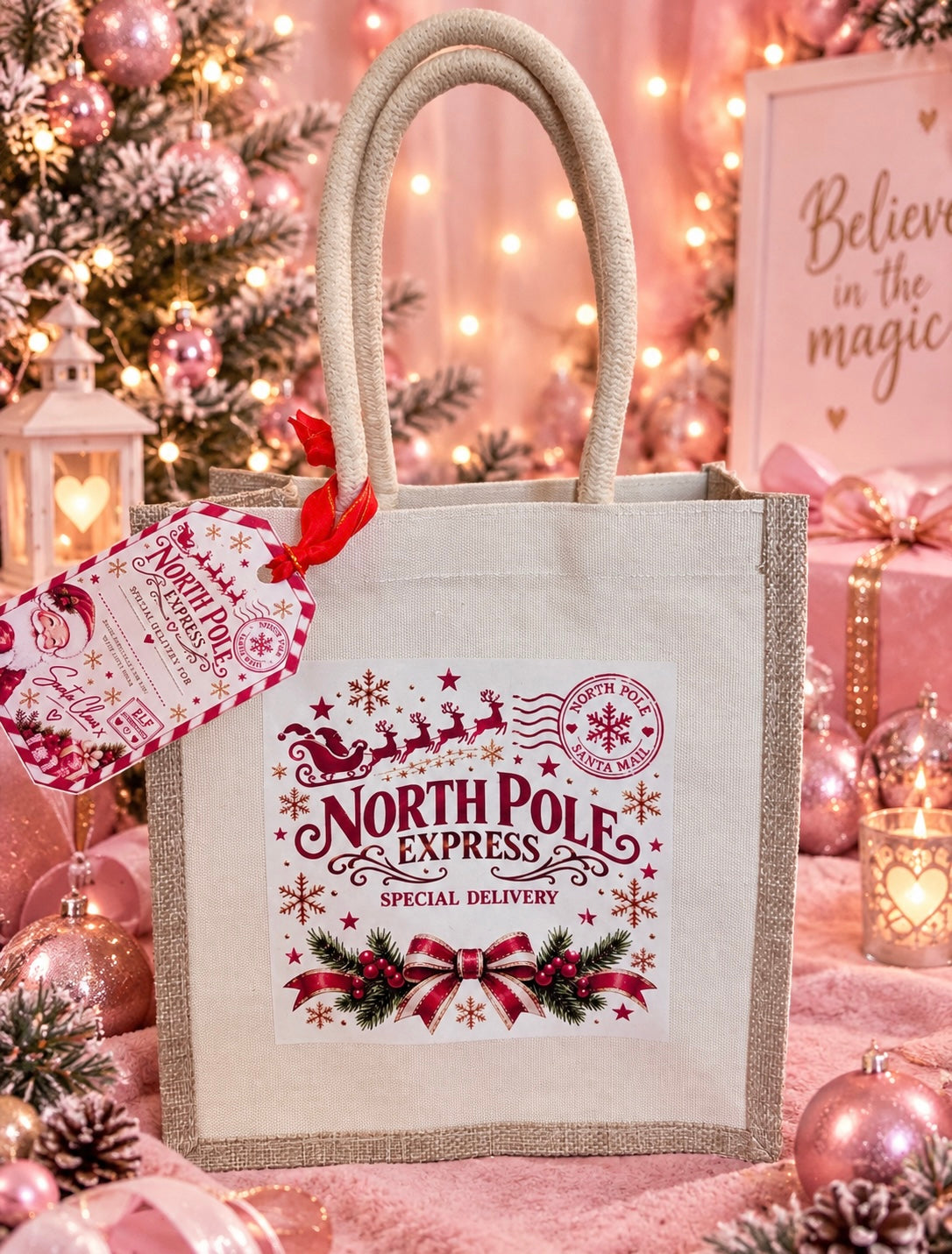 A beige canvas tote bag with burlap trim and printed 'North Pole Express' holiday graphics, shown with a matching paper hangtag in a festive Christmas setting with pink ornaments, candles, and a decorated tree.