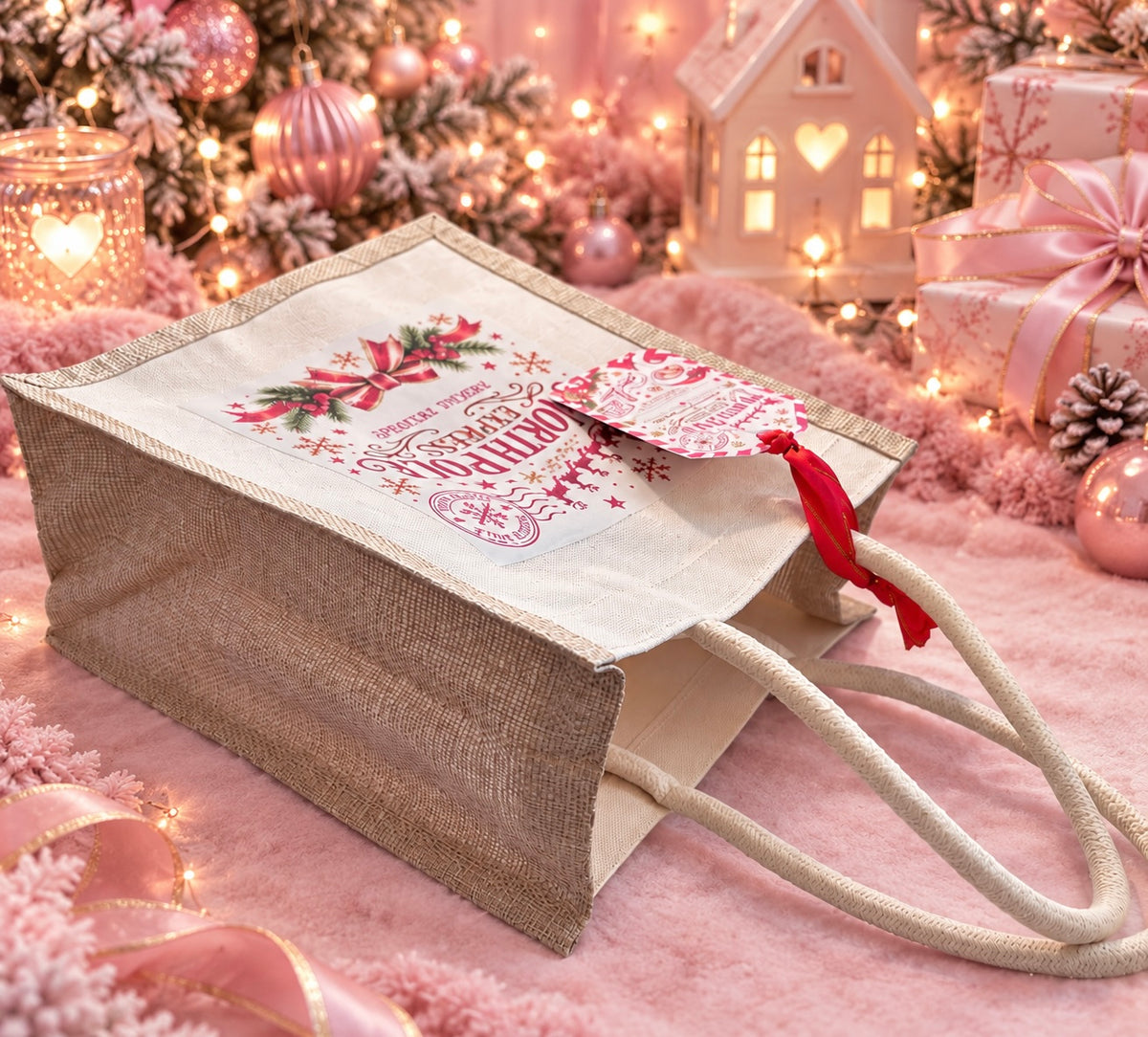 A Christmas-themed gift bag made of beige burlap with a white printed label that reads 'Merry Christmas' in red script, decorated with a red ribbon and bow. The bag is styled on a pink textured surface with festive holiday decorations, lights, and wrapped presents in the background.