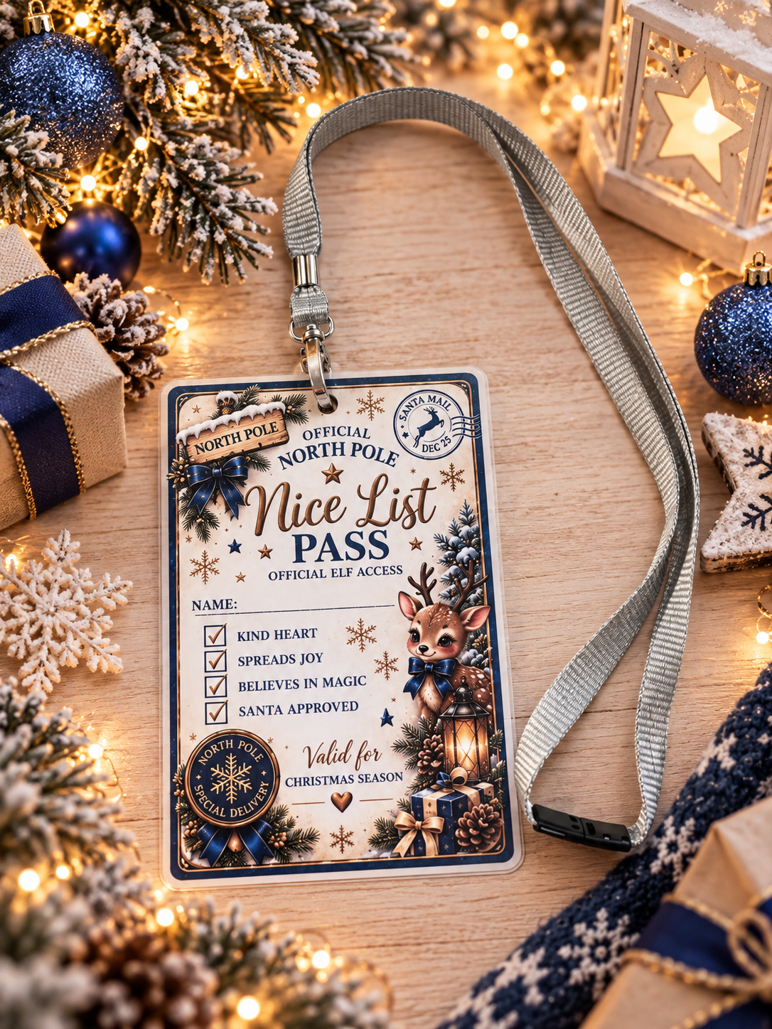 A festive Christmas-themed 'Official North Pole Nice List Pass' with a gray lanyard, displayed on a wooden surface surrounded by holiday decorations including lights, ornaments, pine branches, and wrapped gifts.