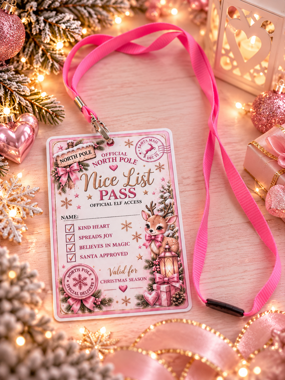 A festive Christmas-themed 'Official North Pole Nice List Pass' with a pink lanyard, displayed on a wooden surface surrounded by holiday decorations including lights, ornaments, pine branches, and wrapped gifts.