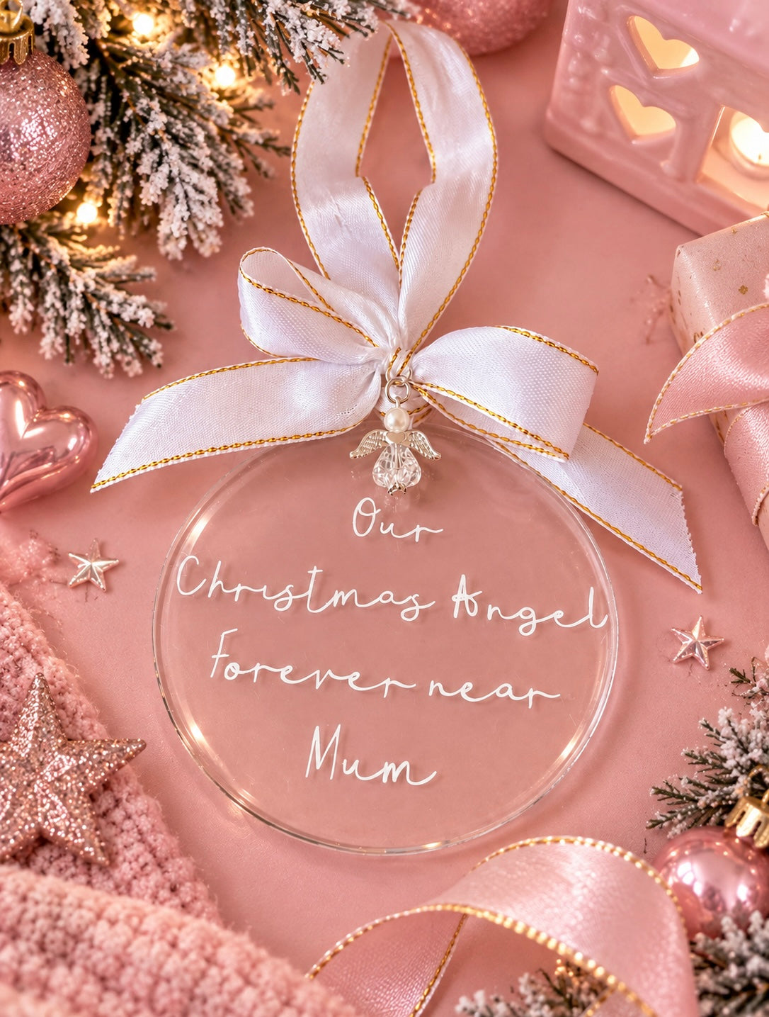 Christmas bauble with our Christmas angel forever near mum words with an angel charm and satin bow
