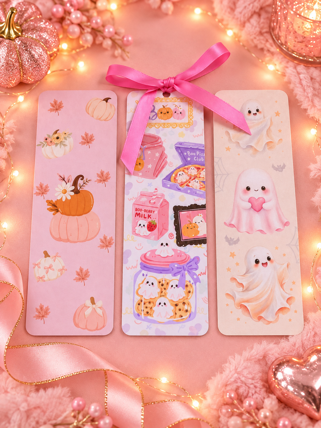 Three cute Halloween-themed paper bookmarks tied together with a pink ribbon, displayed on a pink background decorated with fairy lights, pumpkins, and plush ribbons.