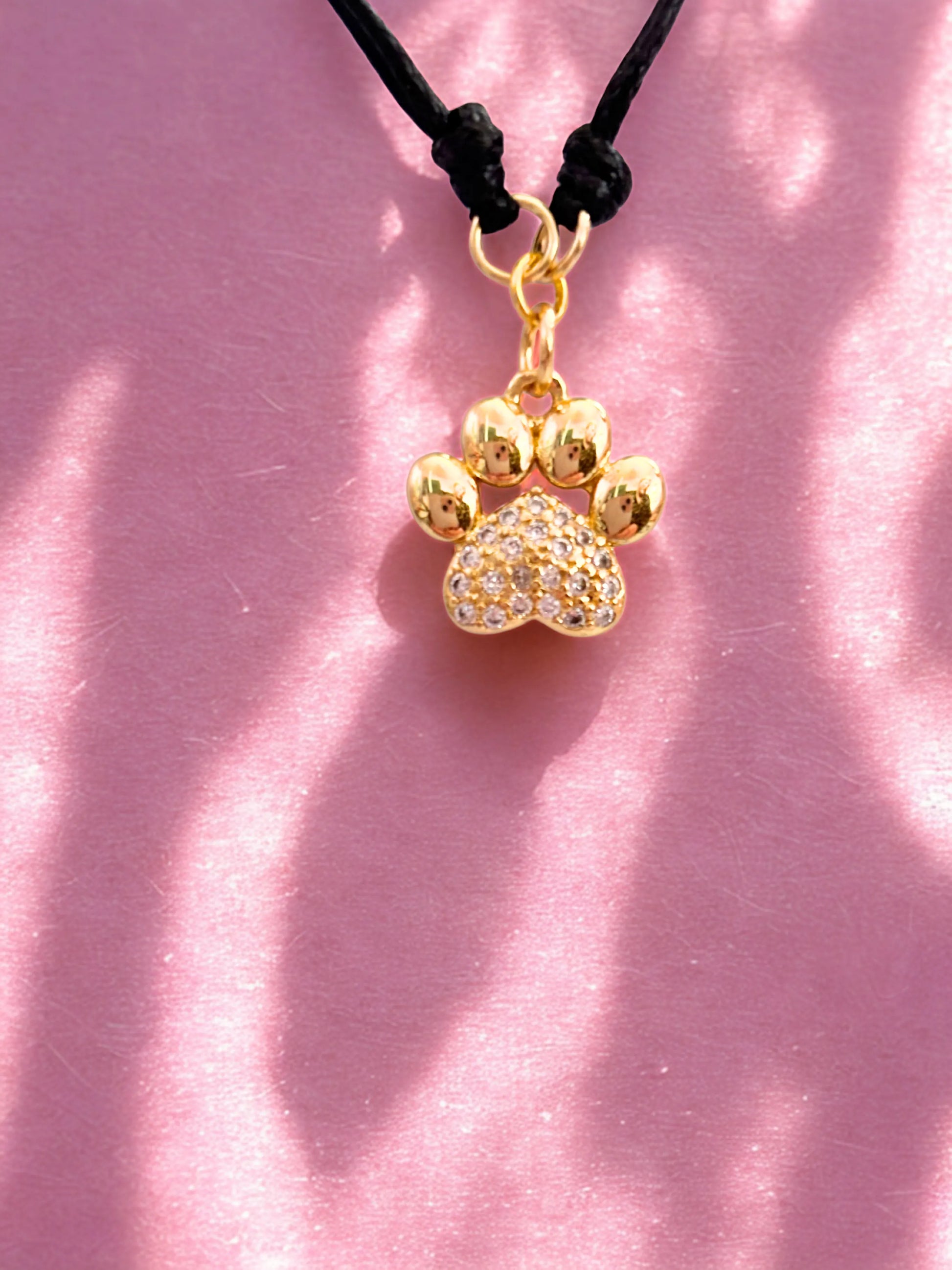 Gold paw-shaped charm on a pink background