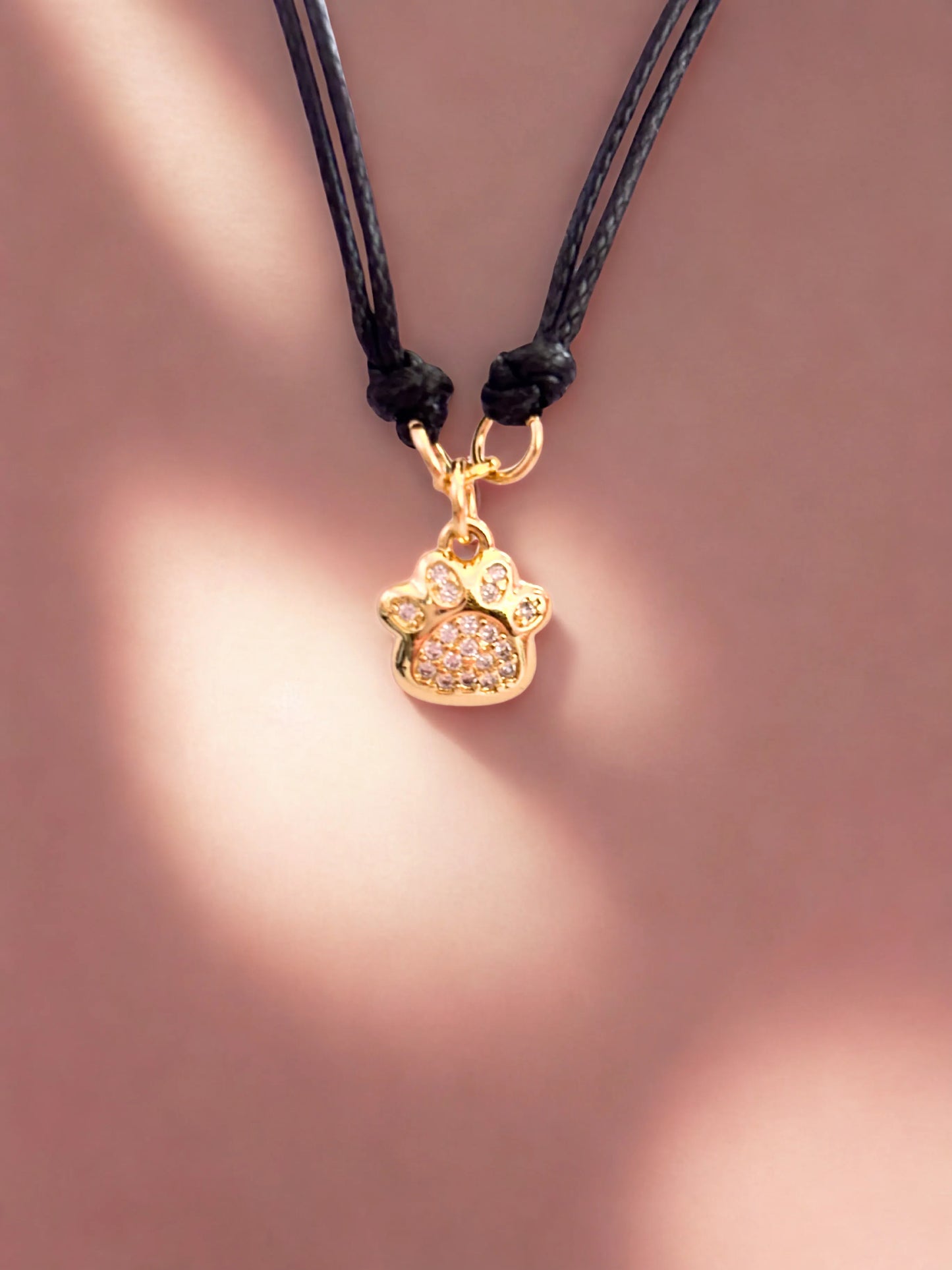 Gold paw-shaped charm on a black cord against a pink background