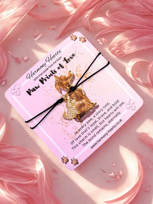 Gold dog-shaped charm on a pink card with decorative elements