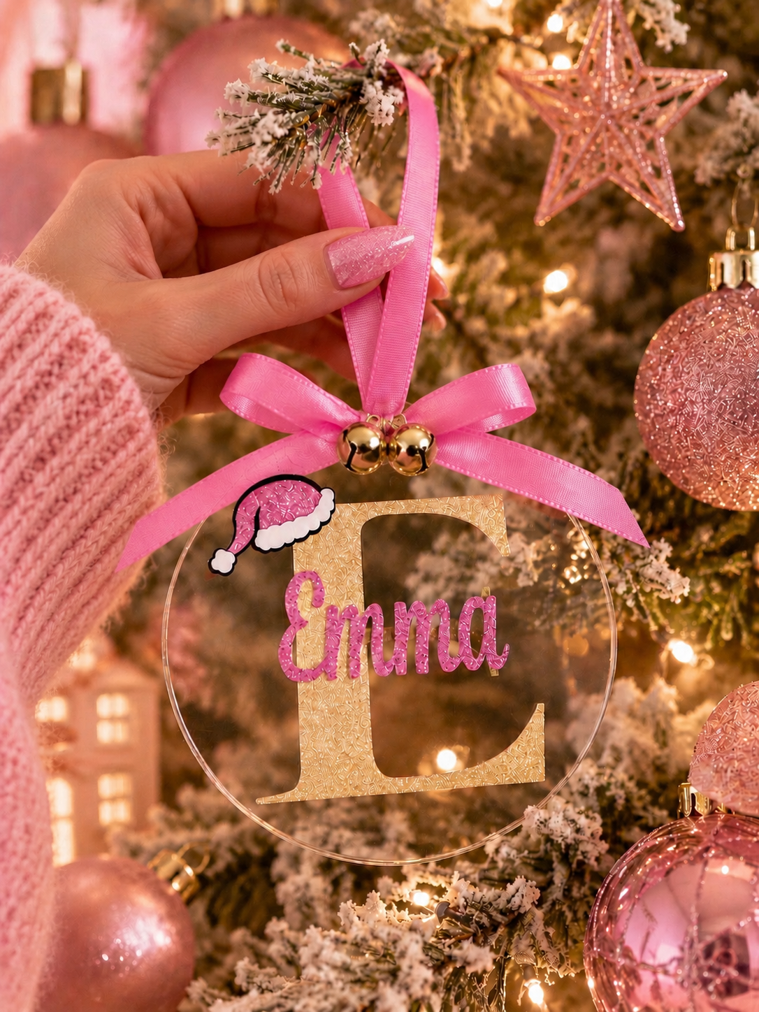 A hand wearing a pink knit sweater holds a clear round Christmas ornament decorated with a pink ribbon bow, gold letter 'E', the name 'Emma' in pink glitter, a small Santa hat, and two gold bells, in front of a decorated Christmas tree.
