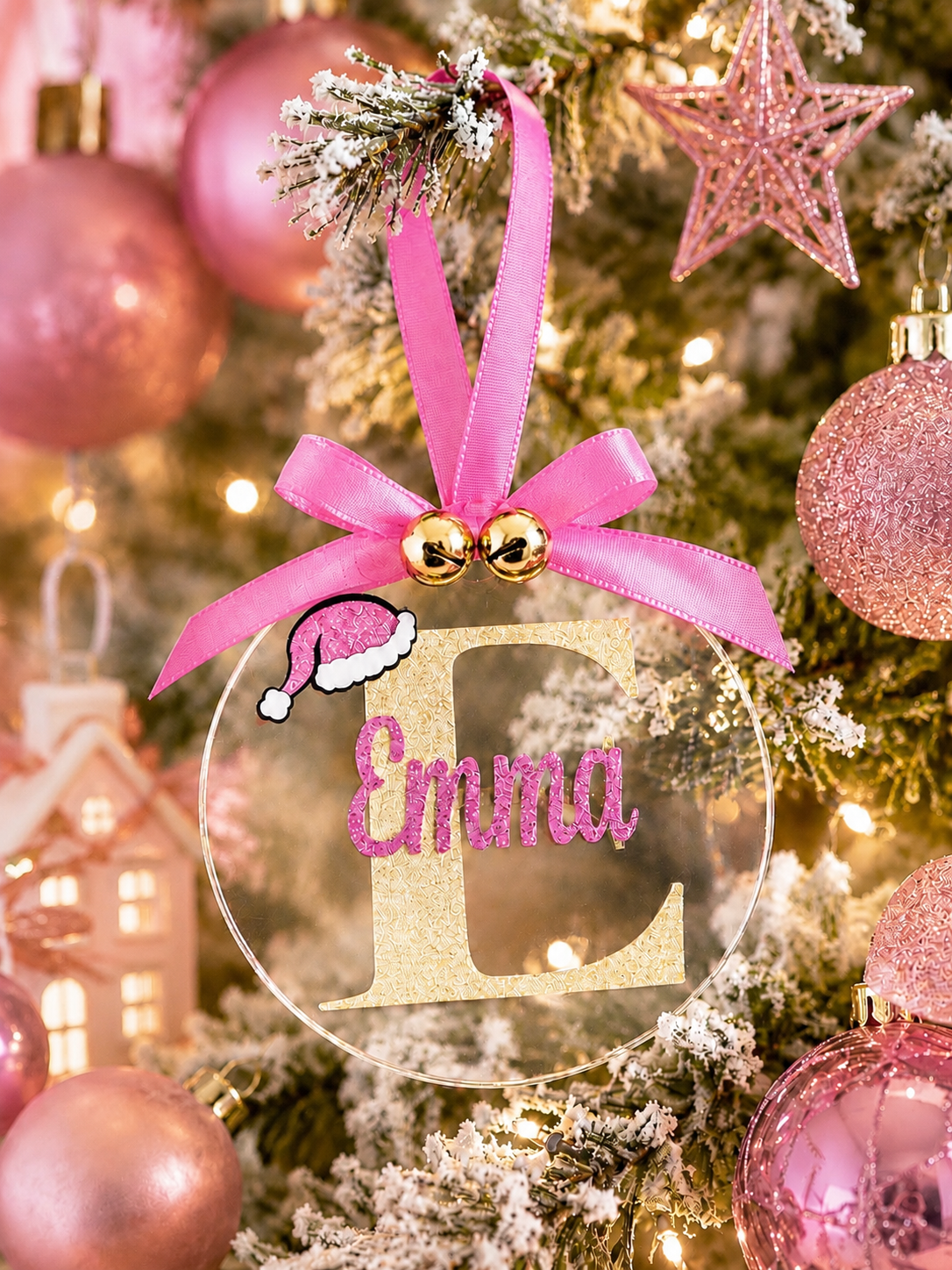A personalized Christmas ornament featuring a large gold letter 'E' with the name 'Emma' in pink glitter, hanging from a pink ribbon with two small gold bells and a pink Santa hat accent. The ornament is shown hanging on a decorated Christmas tree with pink ornaments and warm lights.