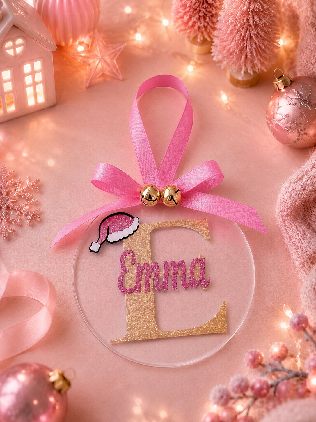 A personalized Christmas ornament featuring a glittery gold letter 'E' with the name 'Emma' in pink glitter script, hanging from a pink ribbon with two small gold bells. A small pink Santa hat sticker is attached to the left side.