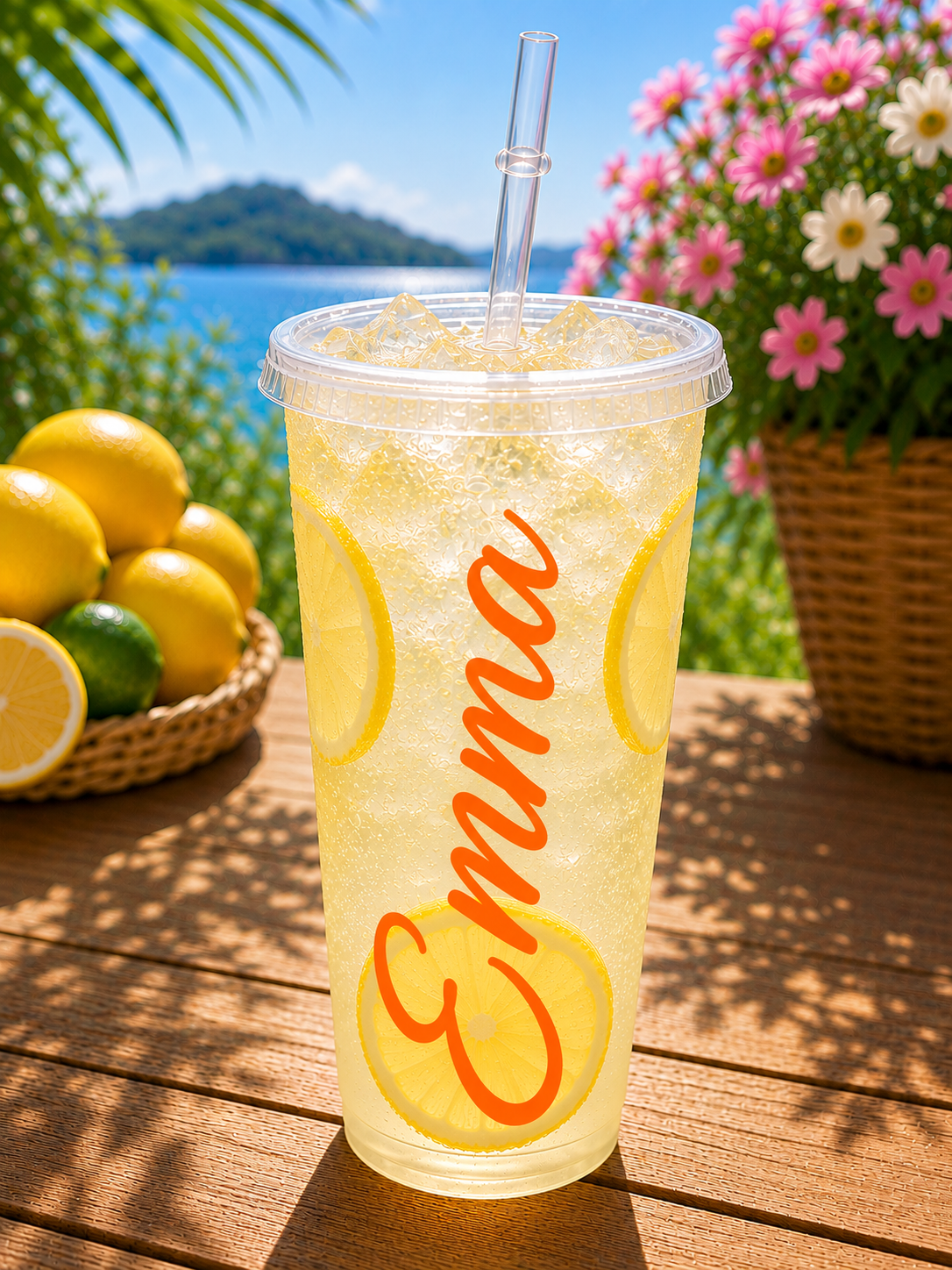 A clear plastic 16 oz tumbler cup filled with iced lemonade and a clear straw, standing on a wooden table outdoors. The cup has the name 'Emma' printed vertically in orange script, with lemon slices visible inside.