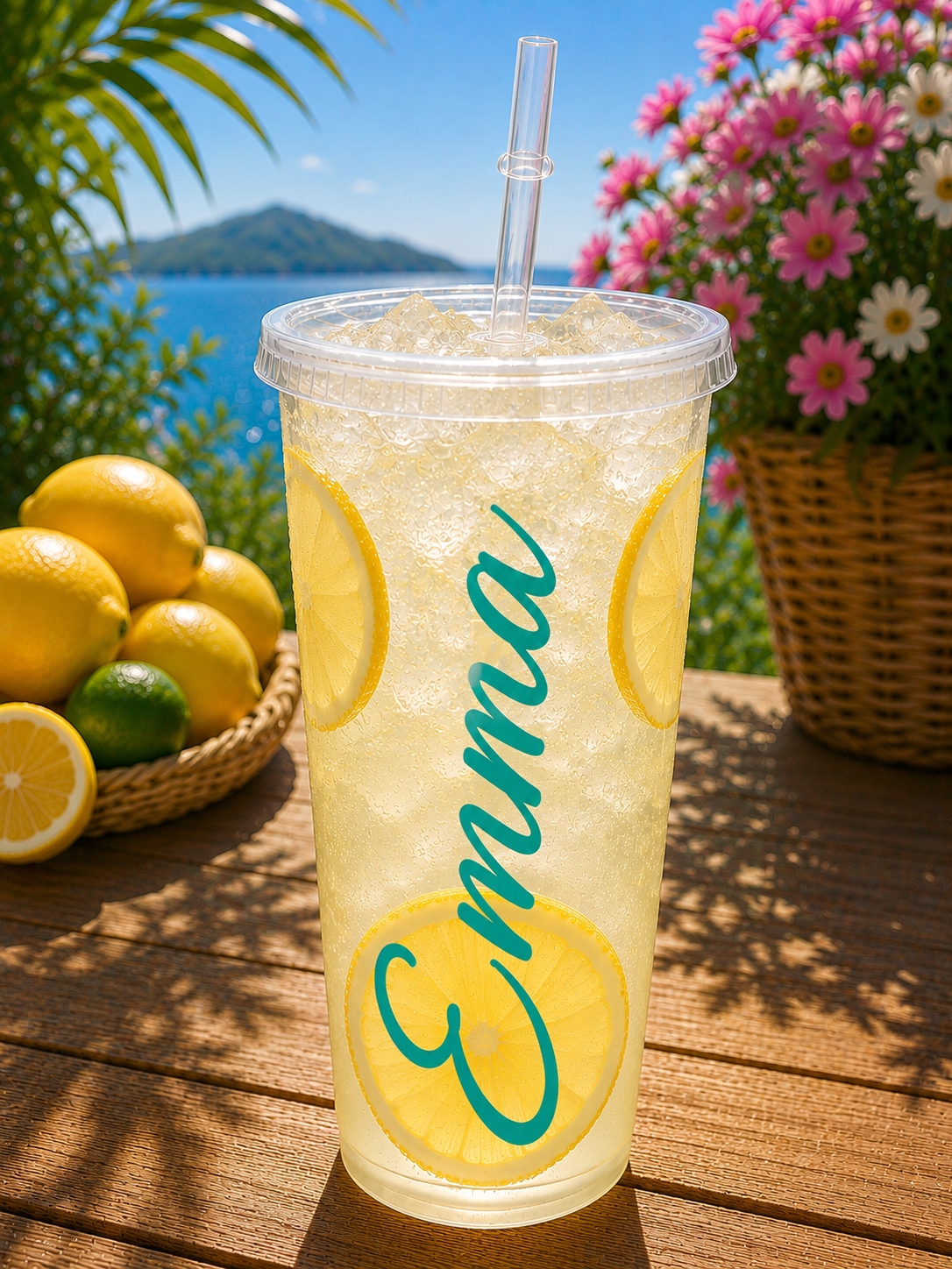 A clear plastic 24 oz tumbler cup filled with a lemon iced coffee, featuring a clear straw and the name 'Emma' printed in teal script on the front. The cup is set on a wooden table with lemons, flowers, and a scenic ocean background.