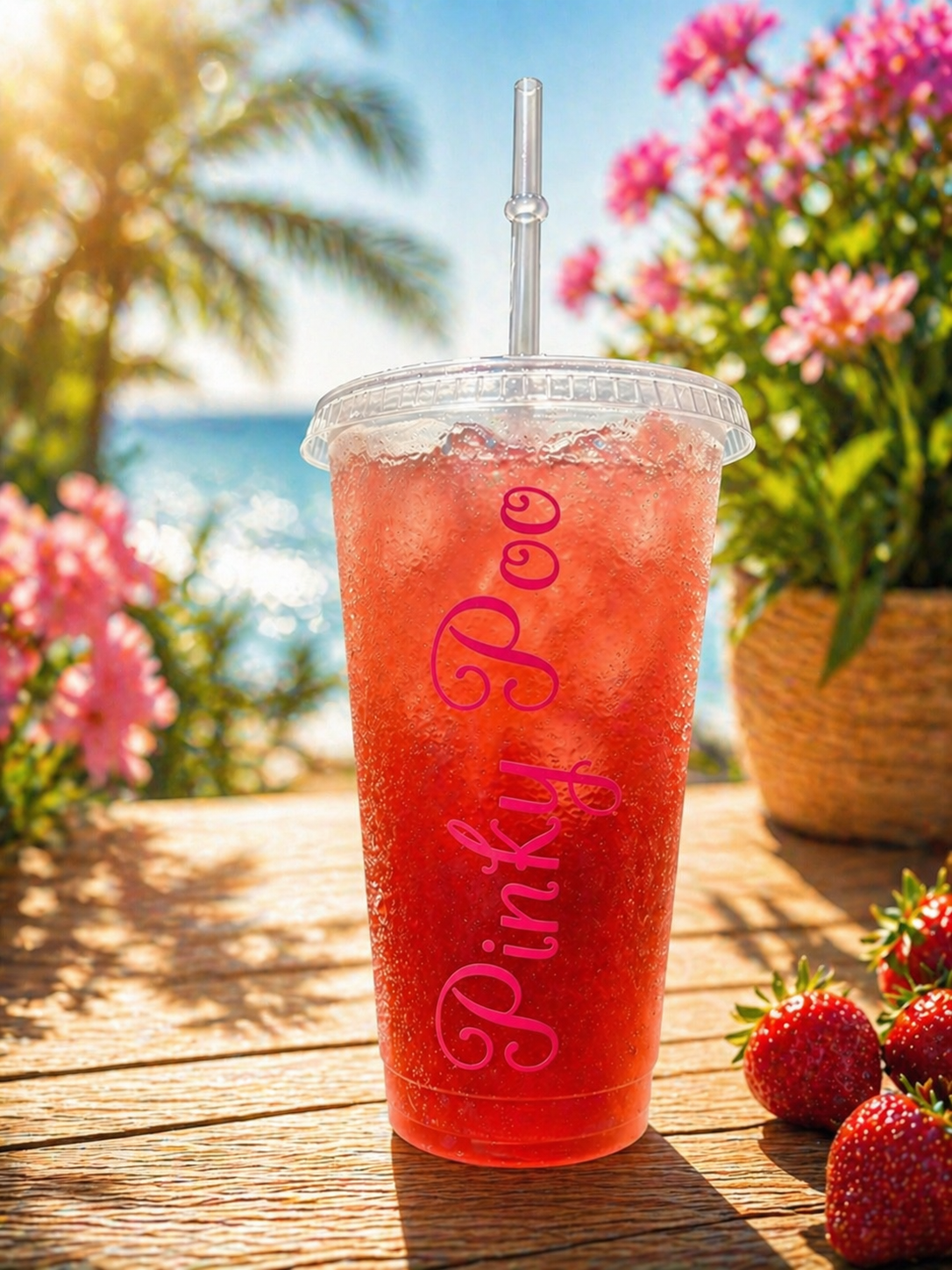 Pink drink in a cup with personalised name, strawberries, and flowers on a wooden surface.