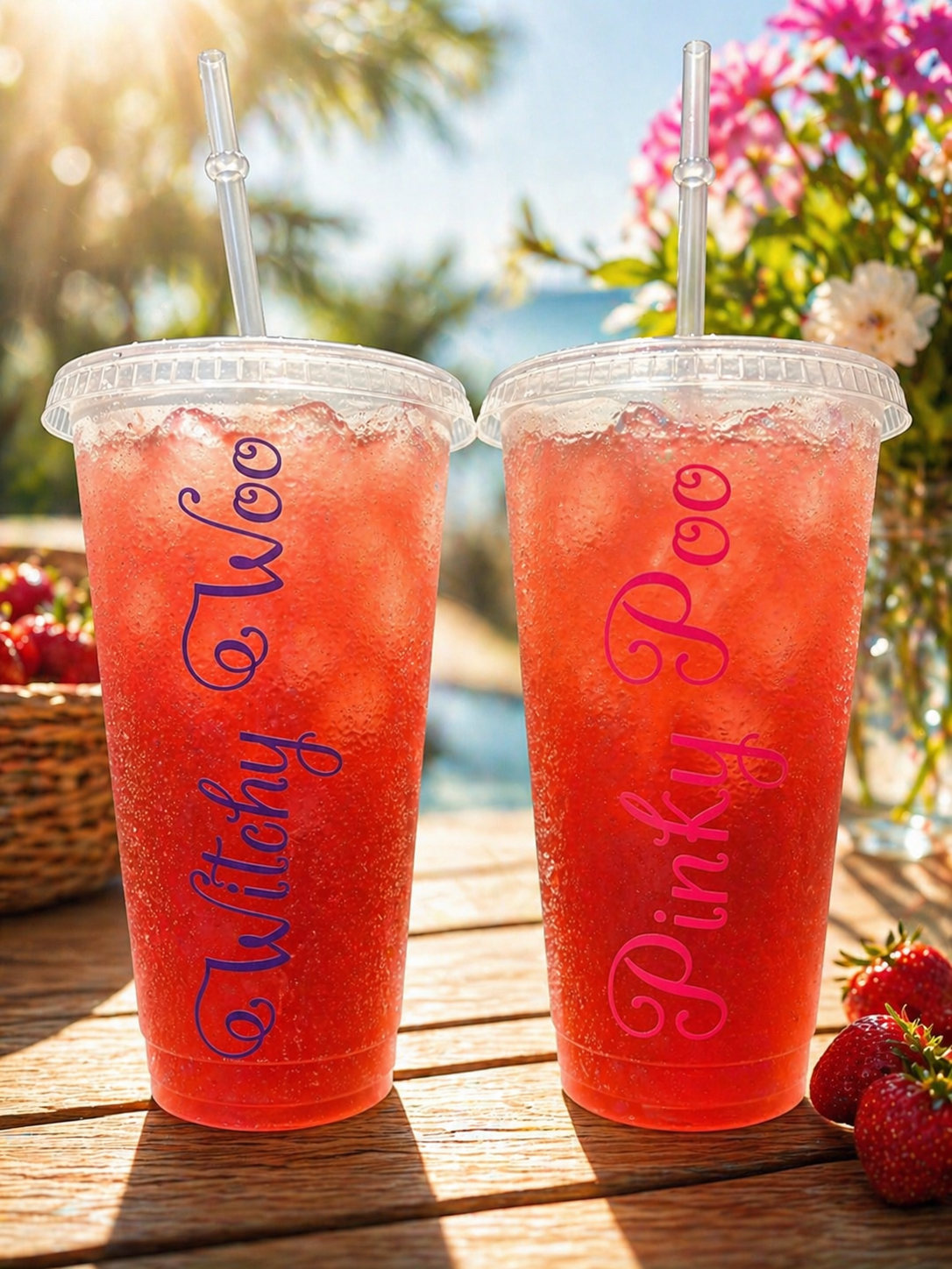 Two pink drinks with names personalised in clear cups with straws on a wooden surface, surrounded by flowers and strawberries.