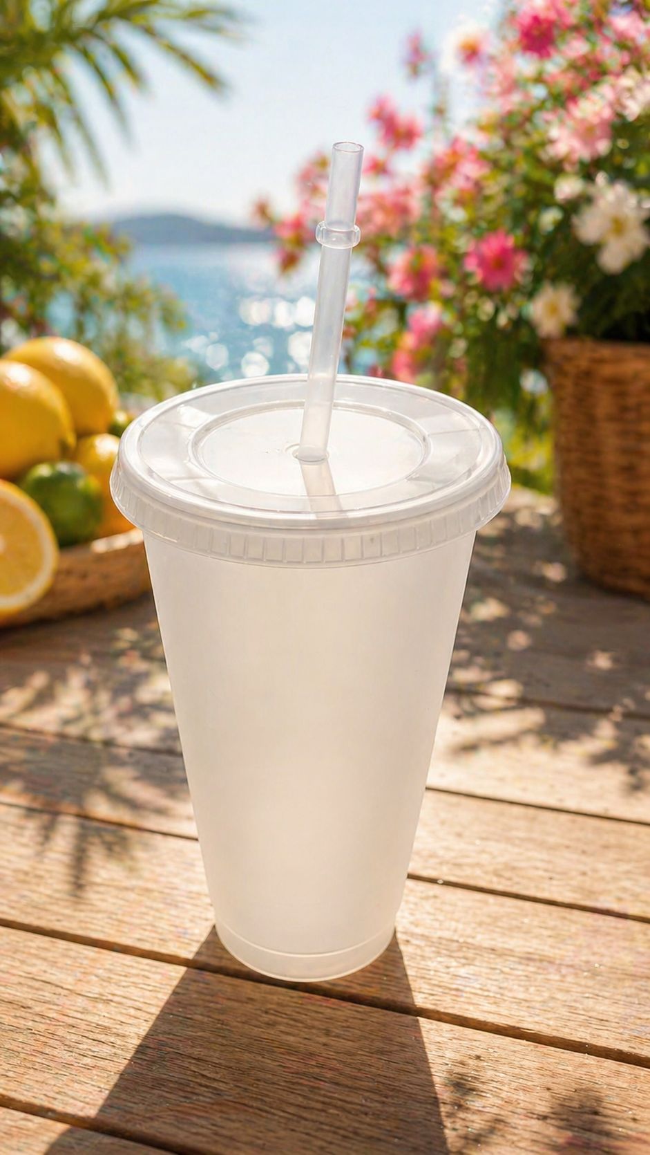 Clear plastic cup with a straw on a wooden table outdoors with flowers and lemons in the background