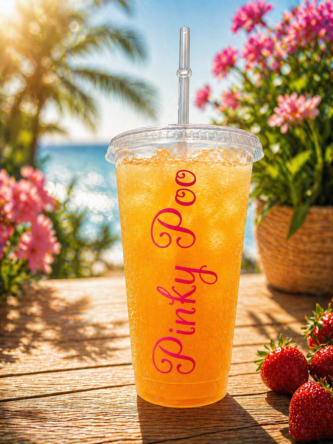 Personalised drink cup filled with orange and custom name 
