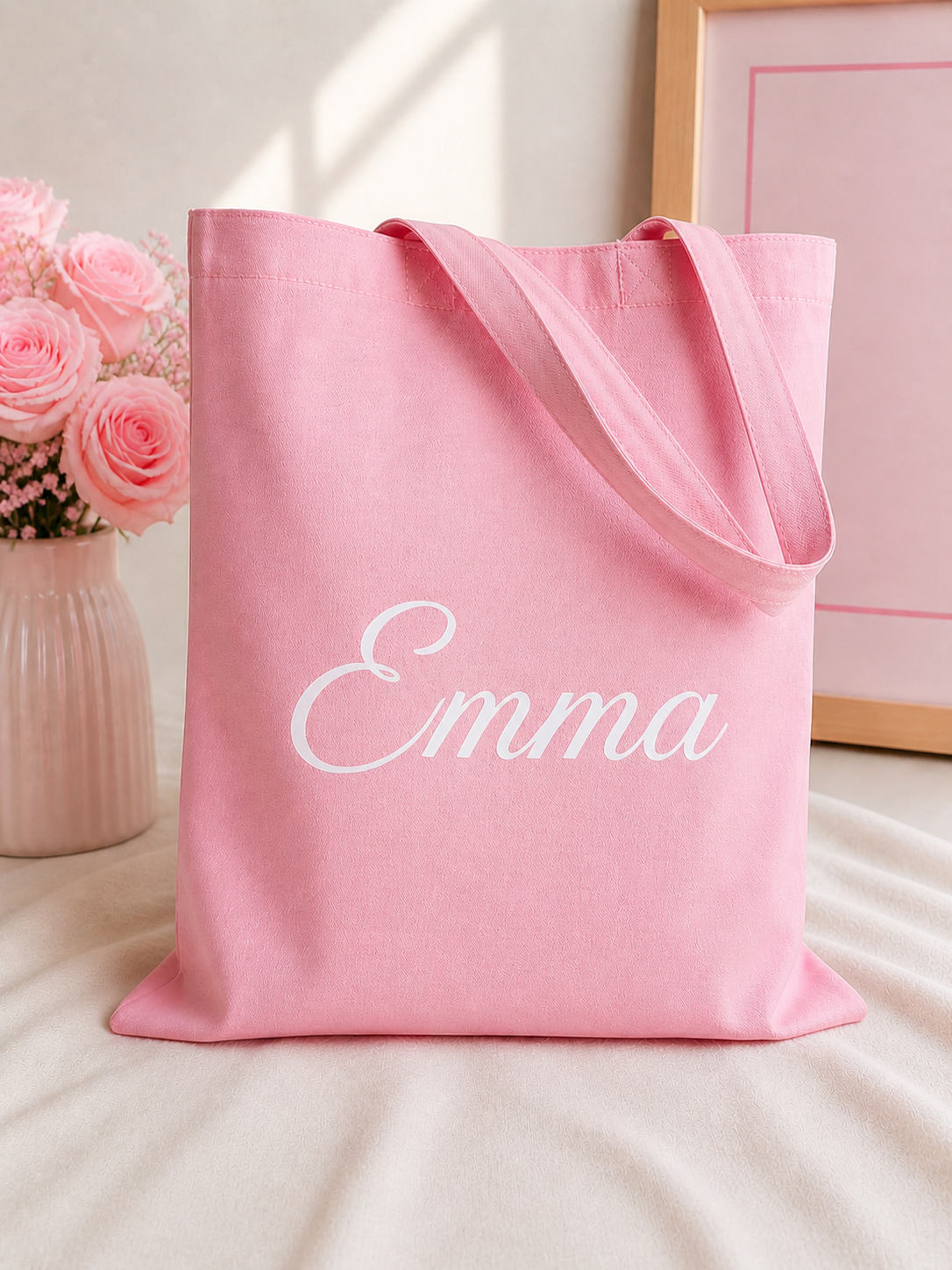 Pink tote bag with 'Emma' printed on it, placed on a light surface with pink flowers and a framed picture in the background.